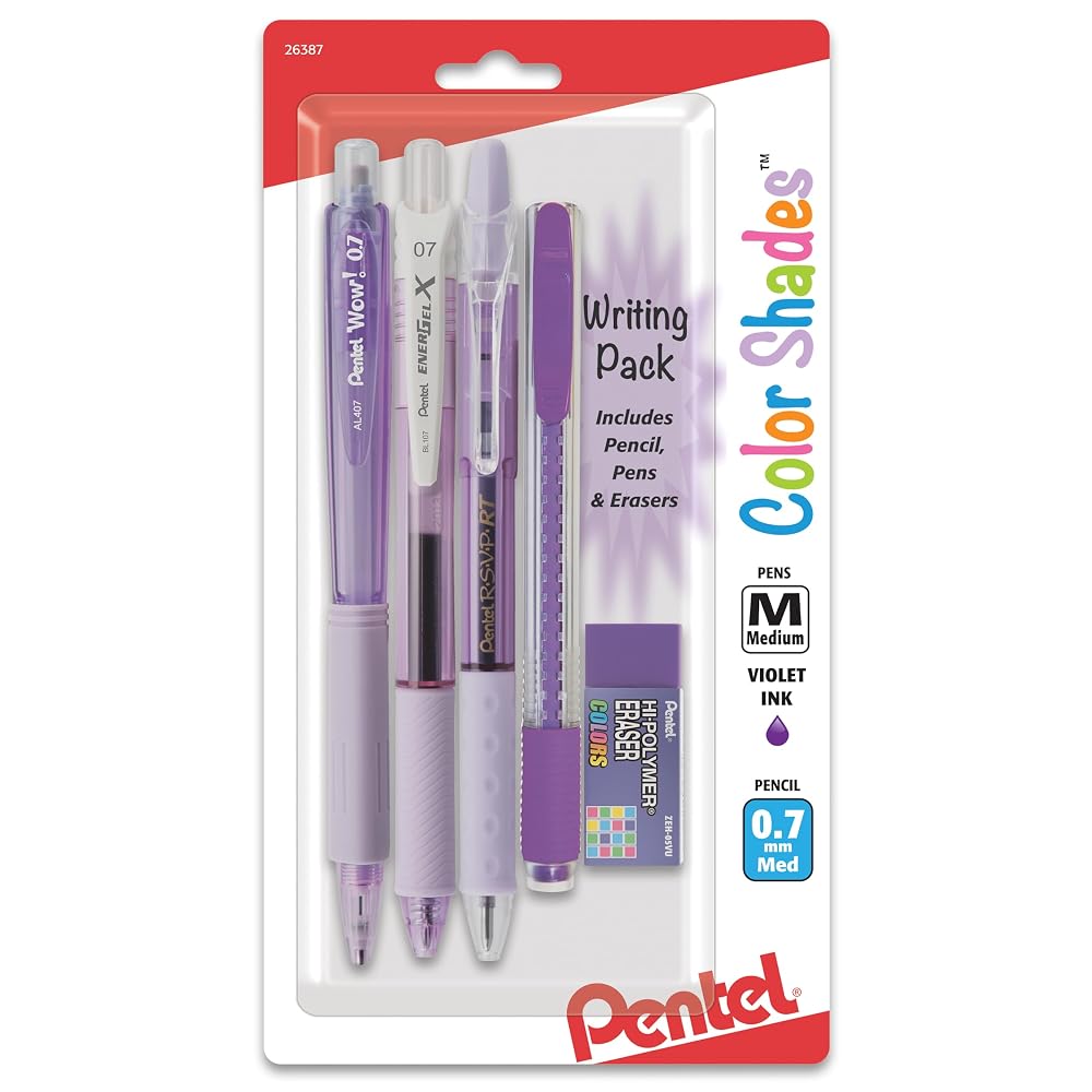 Pentel Color Shades Writing Pack - Includes; Pencil, Pens, and Erasers- Pastel Violet (BLBKALZBPV)