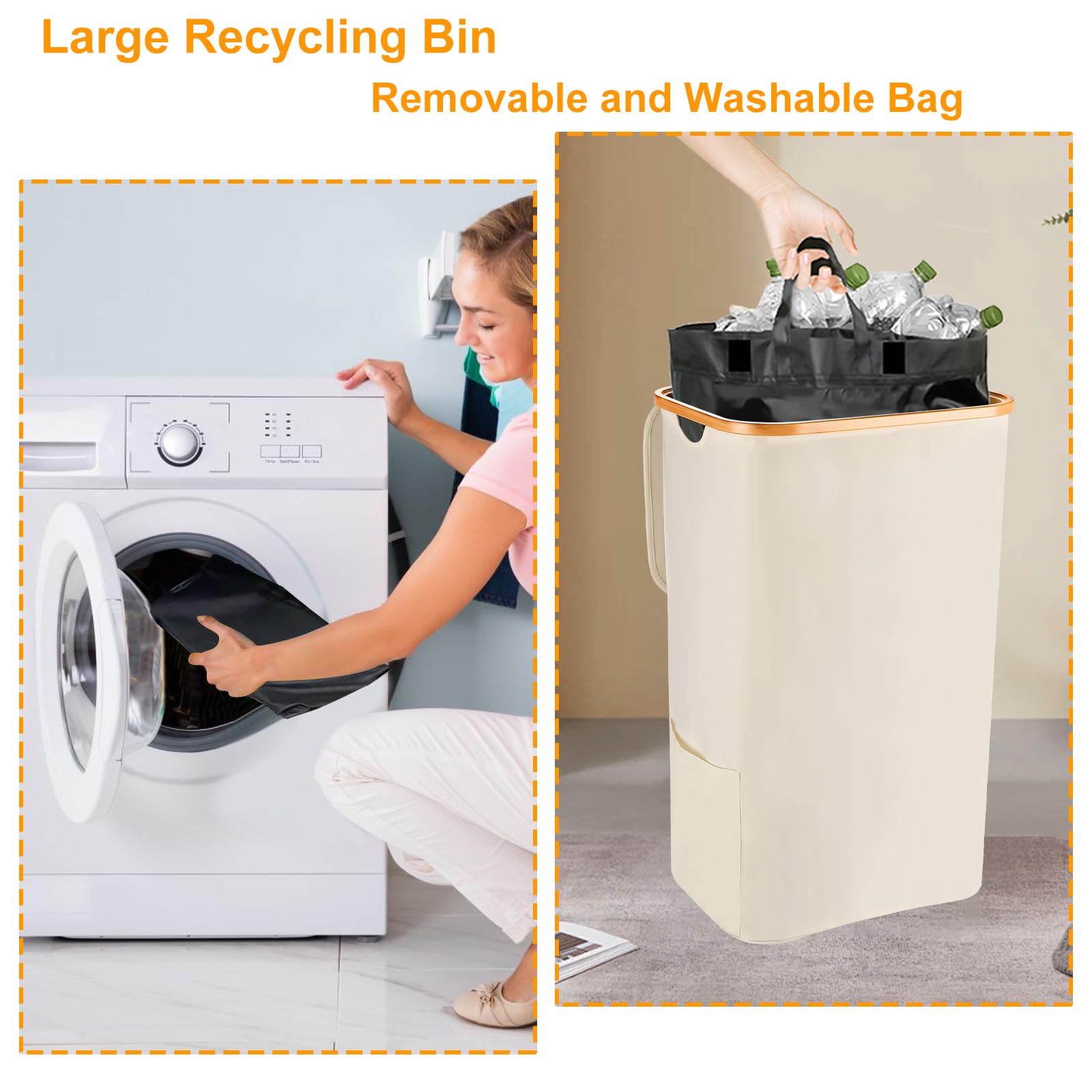 Flaschen Organizer für Pfand 105L, Faltbar Pfandflaschen Sammelbehälter Box mit Deckel und Abnehmbarer Tragetasche Leergut Aufbewahrung, Wasserdicht Pfandbehälter mit Loch für Küche (Beige)