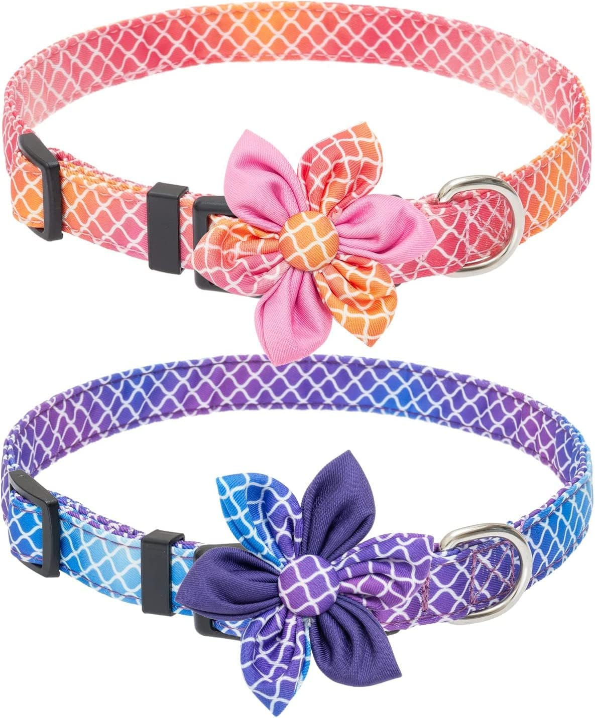 BINGPET Dog Collar with Flower - 2 Pack Adjustable Dog Collars with Detachable Flower Decorations, Cute Dog Collar for Medium and Large Dogs, Plaid Large Dog Collar for Summer