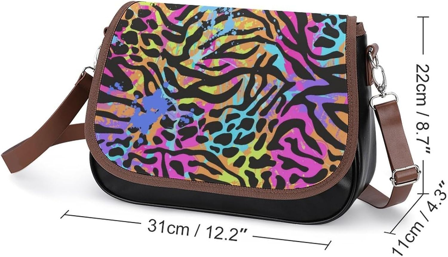 Neon Animal Zebra PrintWomen's Faux Leather Crossbody Bag, Waterproof Wrinkle-Resistant Shoulder Bag with Detachable Strap, Large Capacity Casual Handbag, Fashion Daily Purse for Shopping Work Dating,