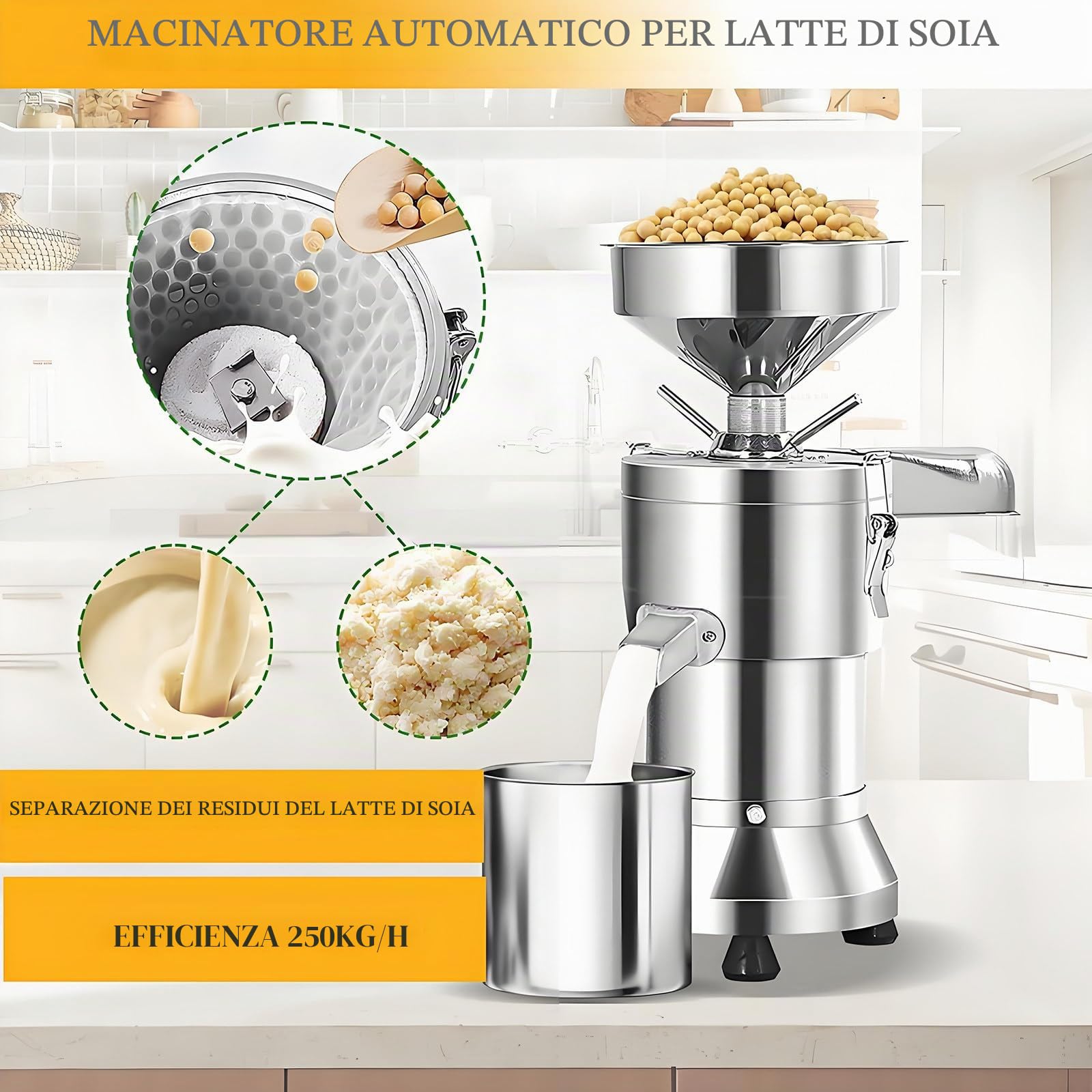 Macchina per Latte di soia, Macchina Automatica per Latte di Noci Commerciale da 1100 W, Macchina per Latte vegetale in Acciaio Inox con separazione delle Scorie, 25 kg/h