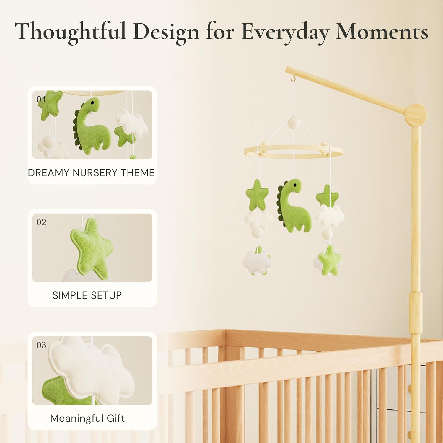 Baby Crib Mobile, Handmade Felt Green Dinosaur, Clouds and Stars image 4