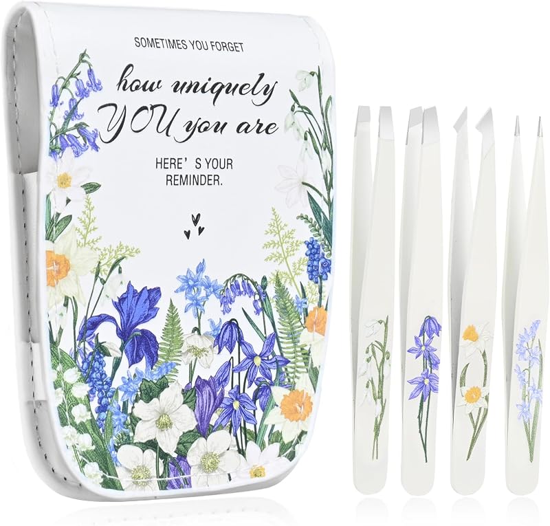 Kit de pinças COSHAYSOO com estojo de couro PU azul Floral Blue, 4 unidades
