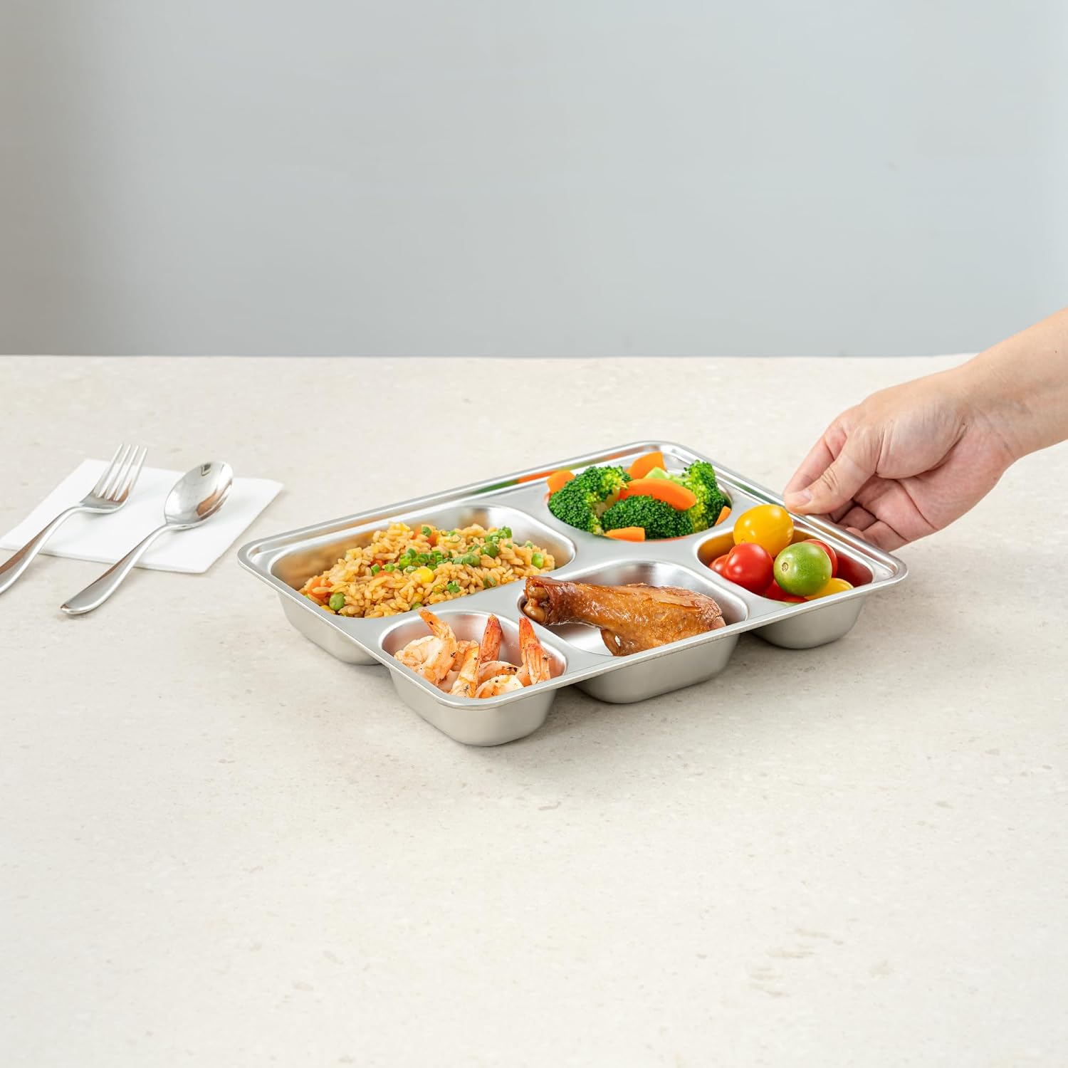 Restaurantware Stainless Steel Lunch Tray 2 Count 11.0 x 8.6 x 1.6 Inches Ambidextrous 5-Compartment Stackable Dinner Plate Rectangular Divided Plate Cafeteria Food Tray for Camping, Dining
