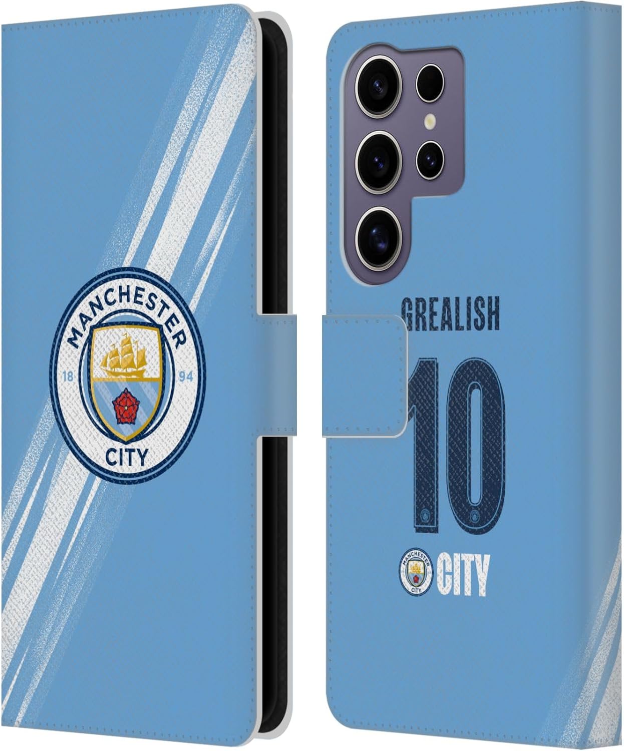 Head Case Designs Officially Licensed Manchester City Man City FC Jack Grealish 2025/26 Players Home Kit Leather Wallet Case Compatible with Samsung Galaxy S25 Ultra