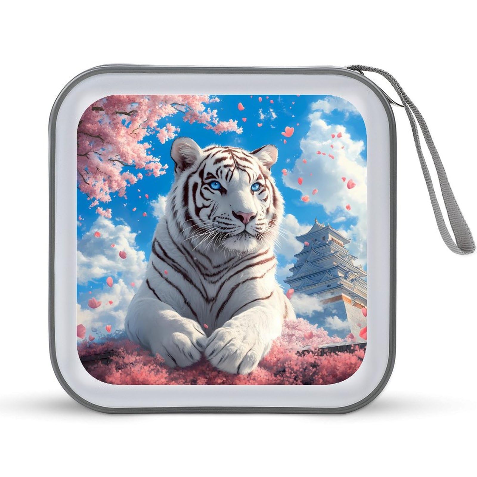 White Tiger Cherry Flower CD Case Plastic DVD Case Holder Wallet Disc Storage Organizer for Car Travel