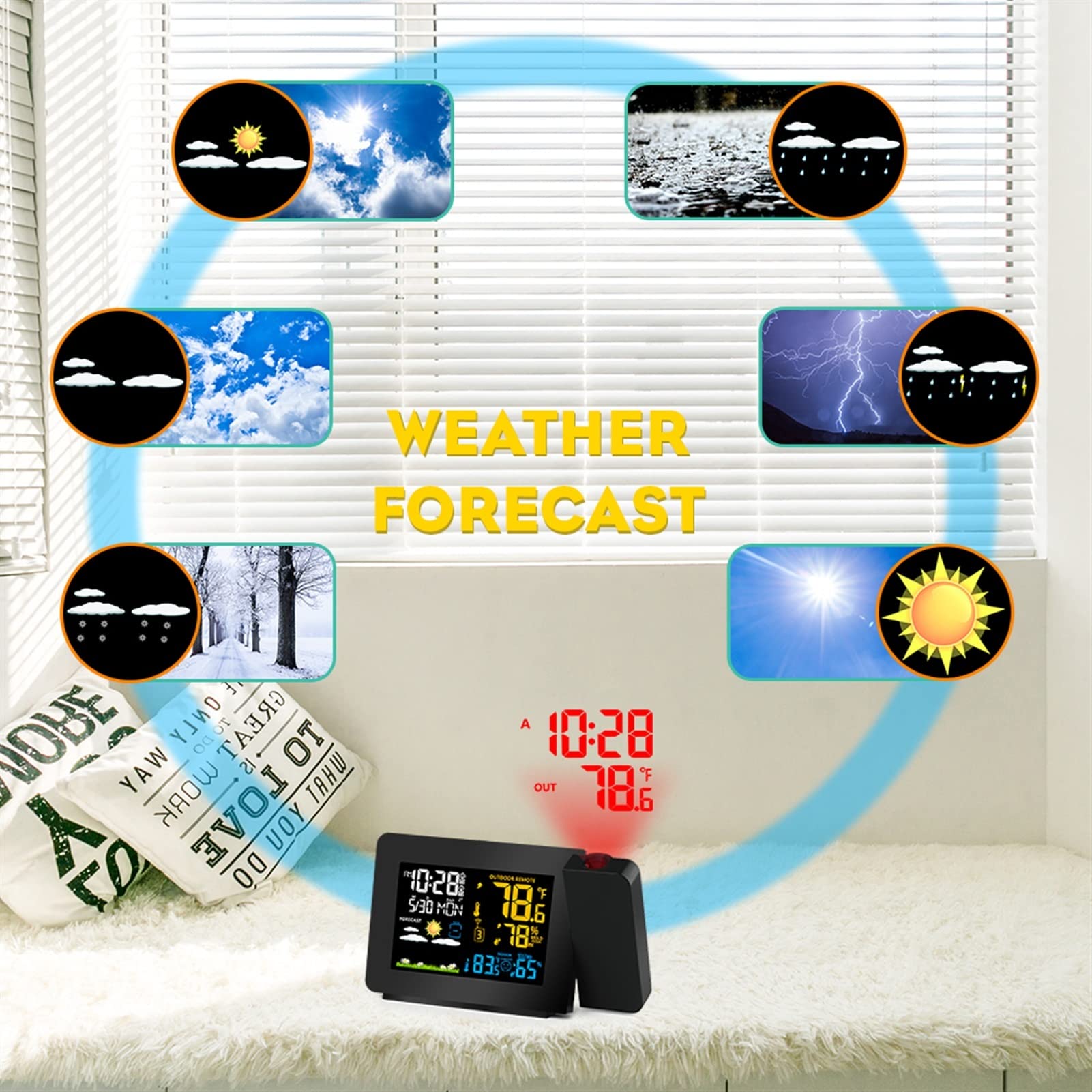 Stacja Pogodowa, Stacja pogodowa Czujnik Projekcja Budzik Snooze Funkcja Kolorowa Podświetlenie Desk Stół Zegar LED z wilgotnością temperatury(1pcs Outdoor Sensor)