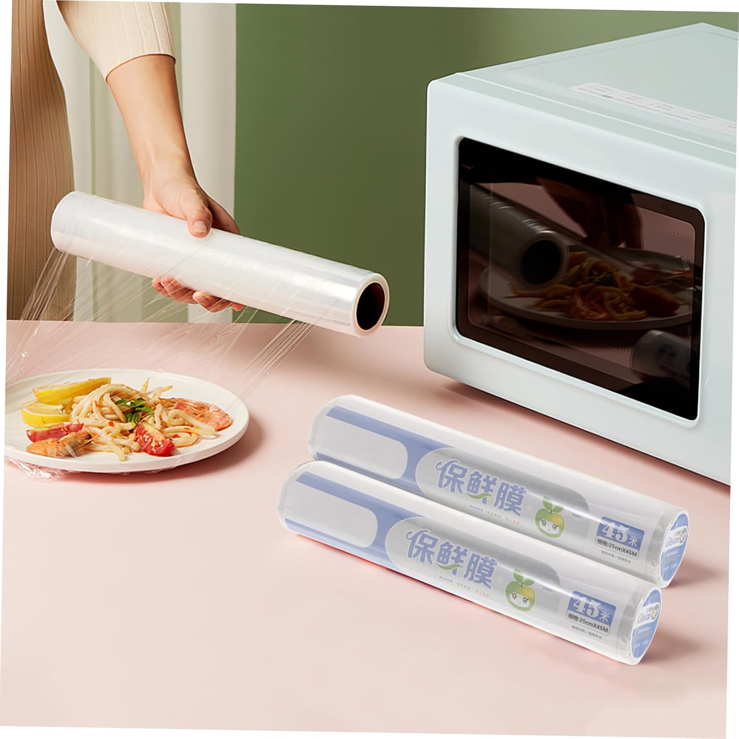 Disposable Pe Food Wrap Roll 2pcs 25cm X 45m with Slide Cutter, Kitchen Cling Film for Food Preservation and Produce Storage