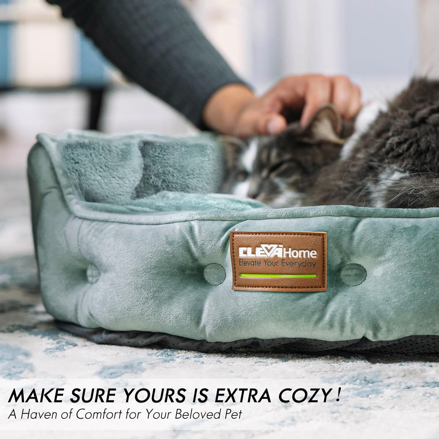 ClevaHome Upgrade Plush Faux Fur Cat Bed - Washable Round Cat Beds for Indoor Cats, Small Dog Bed for Pets up to 15lbs, Reversible Cushion, Non-Slip Bottom (Washed Green)