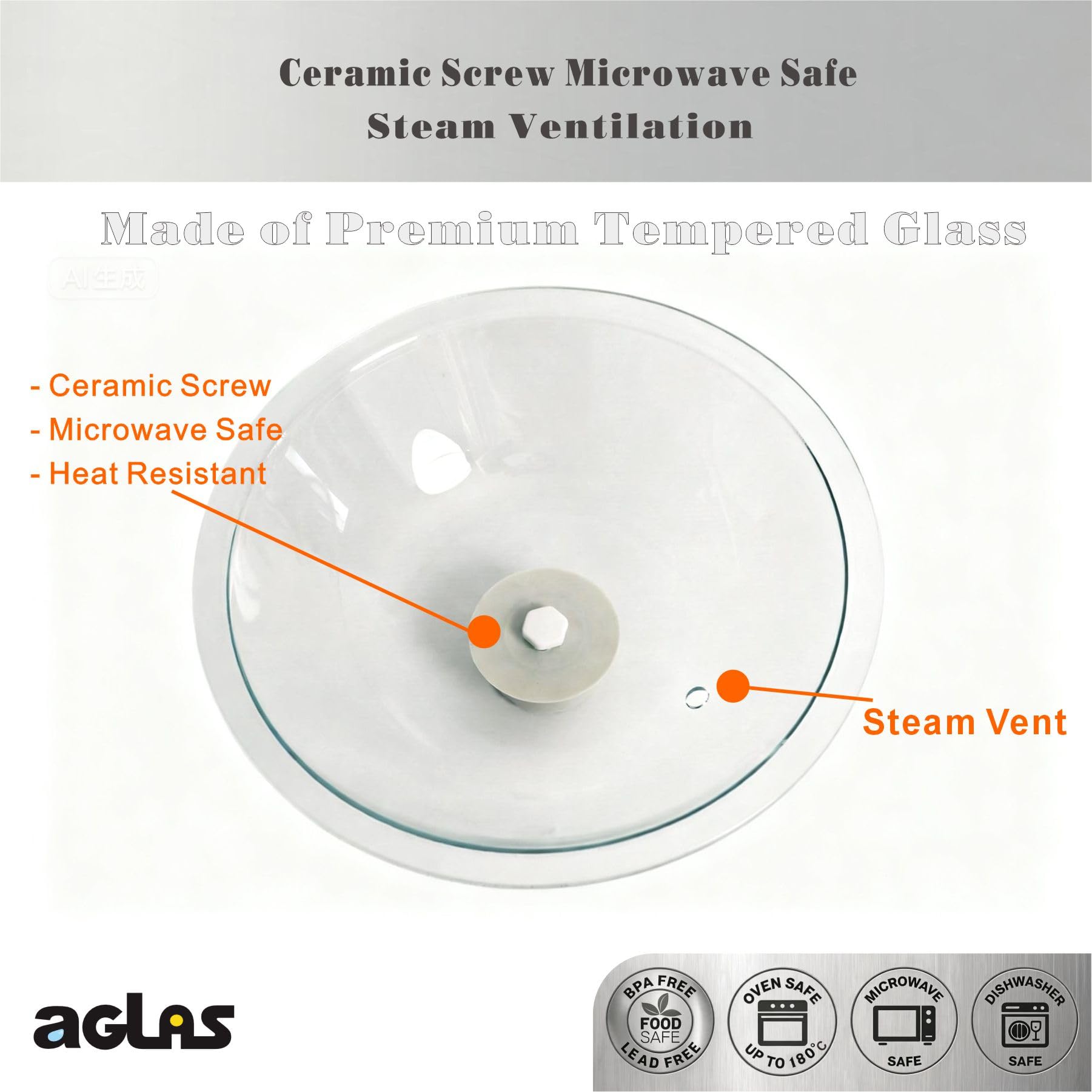 AGLAS - Copertura per microonde in vetro temperato leggero – 293 mm (interno 266 mm)/11,5" (diametro interno 26,5 cm) – resistente al calore – coperchio in vetro resistente con sfiato