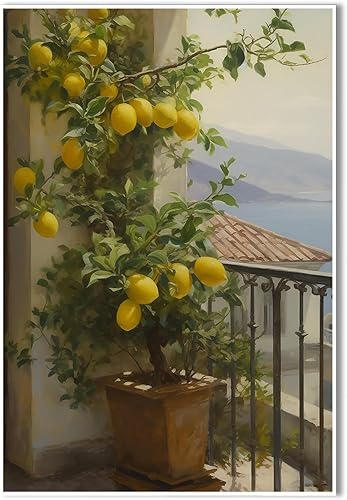 Arte de pared vintage italiano de la costa de Amalfi con árbol de limón positano, paisaje de la costa mediterránea, paisaje, naturaleza muerta,