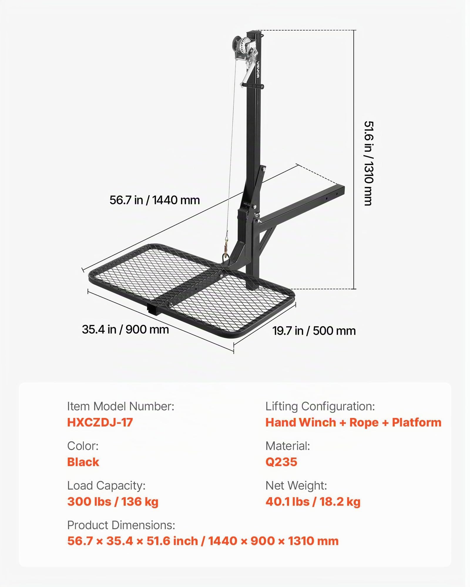 VEVOR Polipasto de Enganche con Plataforma de Elevación para Ciervos, Carga de 136 kg, Elevador de Cabrestante con Receptor de 5 cm, Eje Giratorio de 360° y Soporte Plegable para Presas en Movimiento