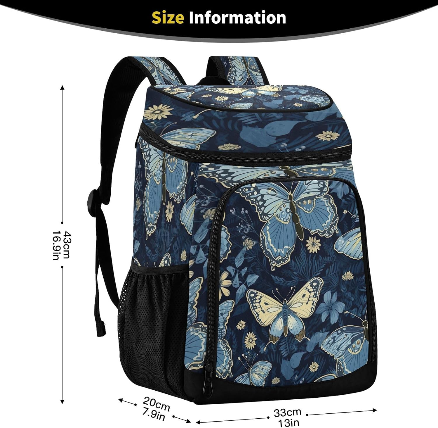 Blue Gold Butterfly Cooler Backpack 36 Cans Leakproof Waterproof Backpack Cooler Bag Beach Accessories Travel Camping Fishing Backpack for Women Men