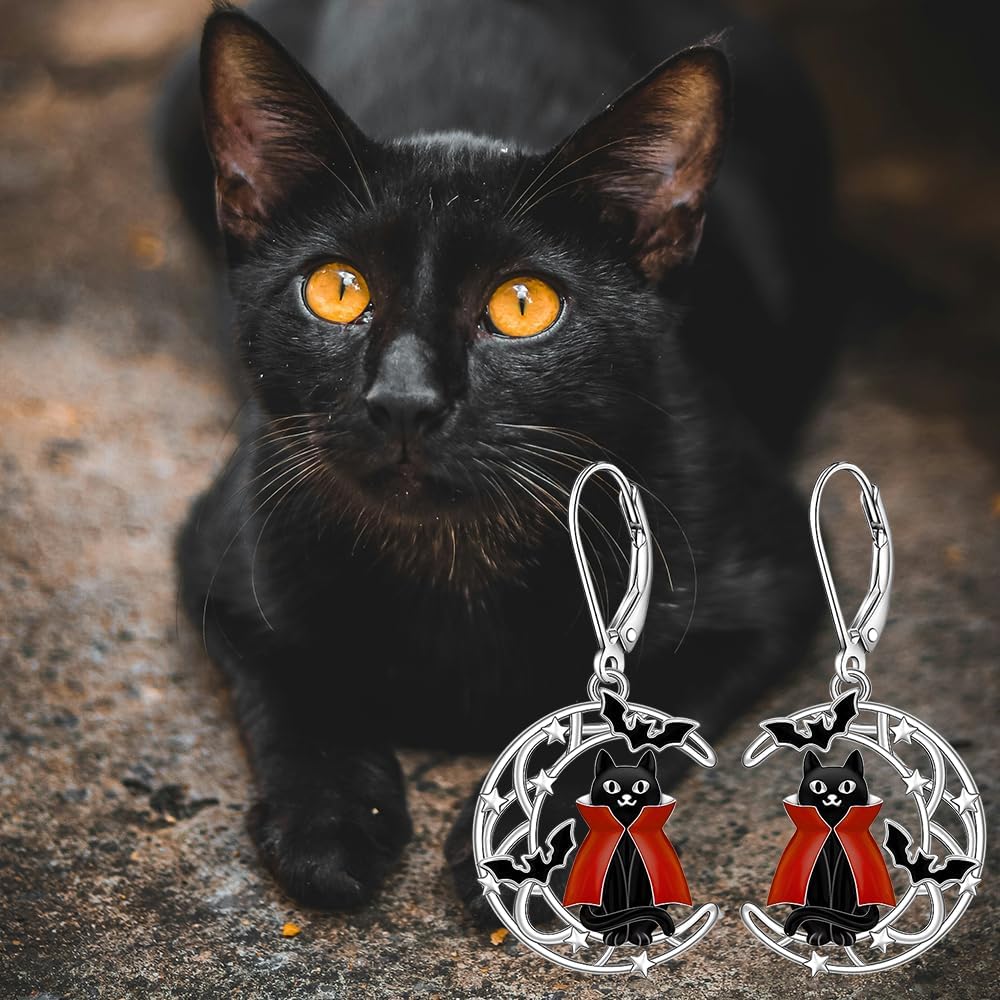 Black Cat Earrings for Women Bat Earrings Sterling Silver Halloween Gifts for Women Dangle Vampire Dangling Crescent Moon Womens