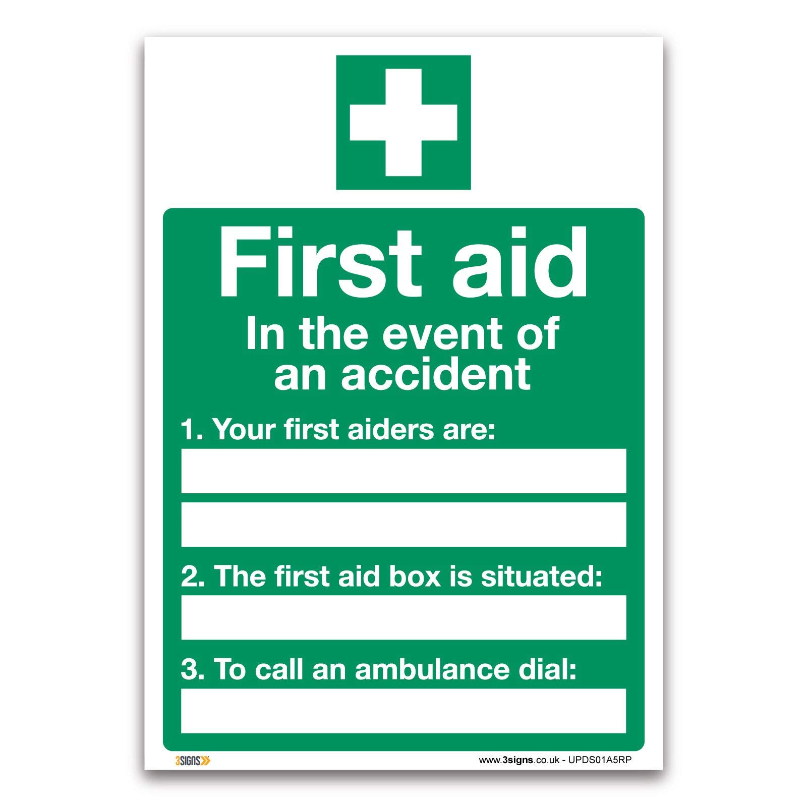 First Aid In the event of an accident Sign, A5 210 x 148mm, 1mm Rigid Plastic, Emergency Equipment Safety