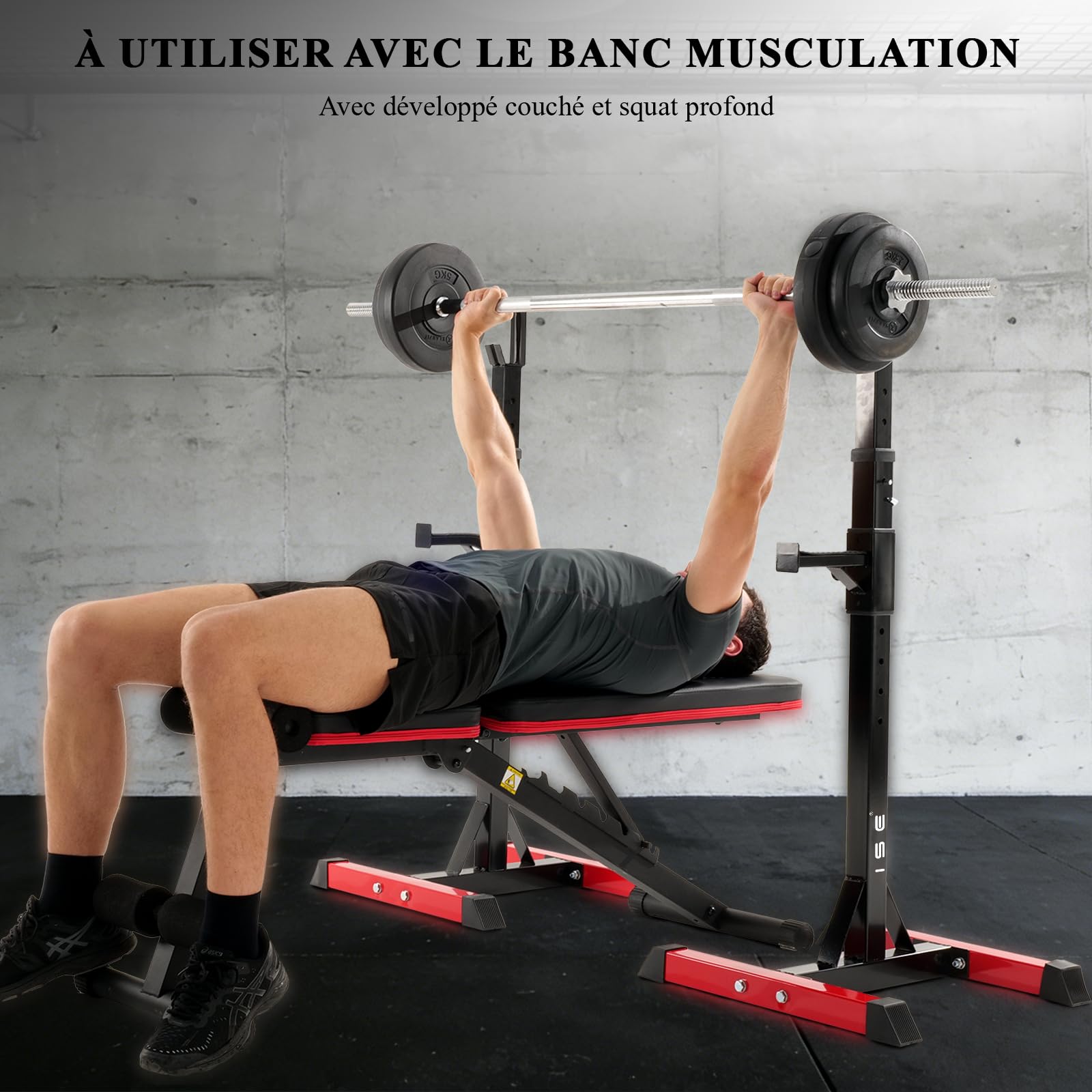 ISE Rack Musculation Multifonction, Squat Rack Adjustable, Rack Squat, Chandelle Musculation 16 Position Hauteur Réglable, Avec Support Barre Super Stabilité, Fitness à Domicile, Capacité Elevée 200KG