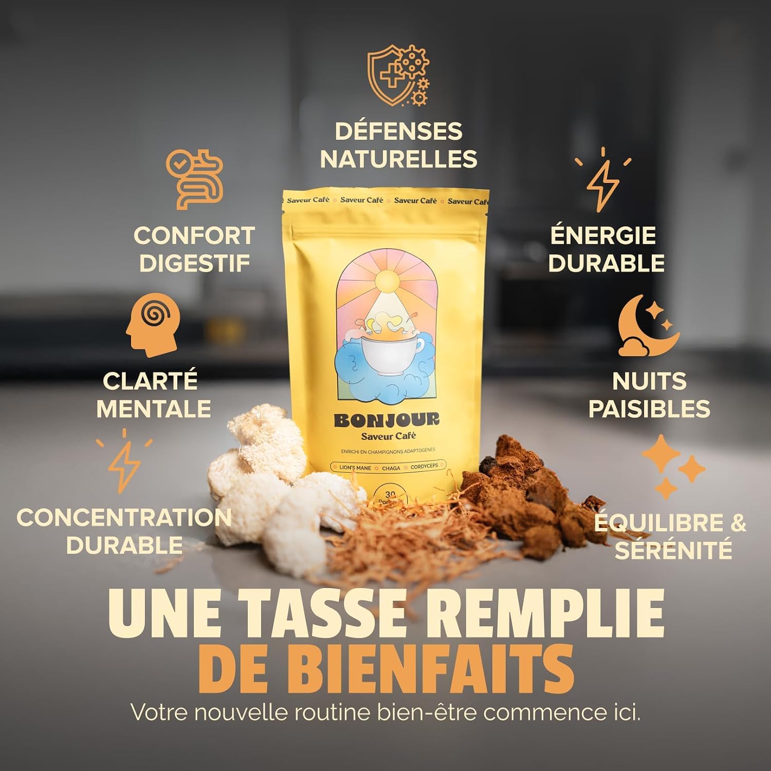 BONJOUR – Boisson Cacao aux Champignons Lion's Mane, Chaga, Cordyceps, Plantes Adaptogènes Ginseng et Vitamines B12, D3, E, K2–Zinc, Sélénium, Fibres, Sans Sucres, Vegan–Fabriqué en France–45 Portions