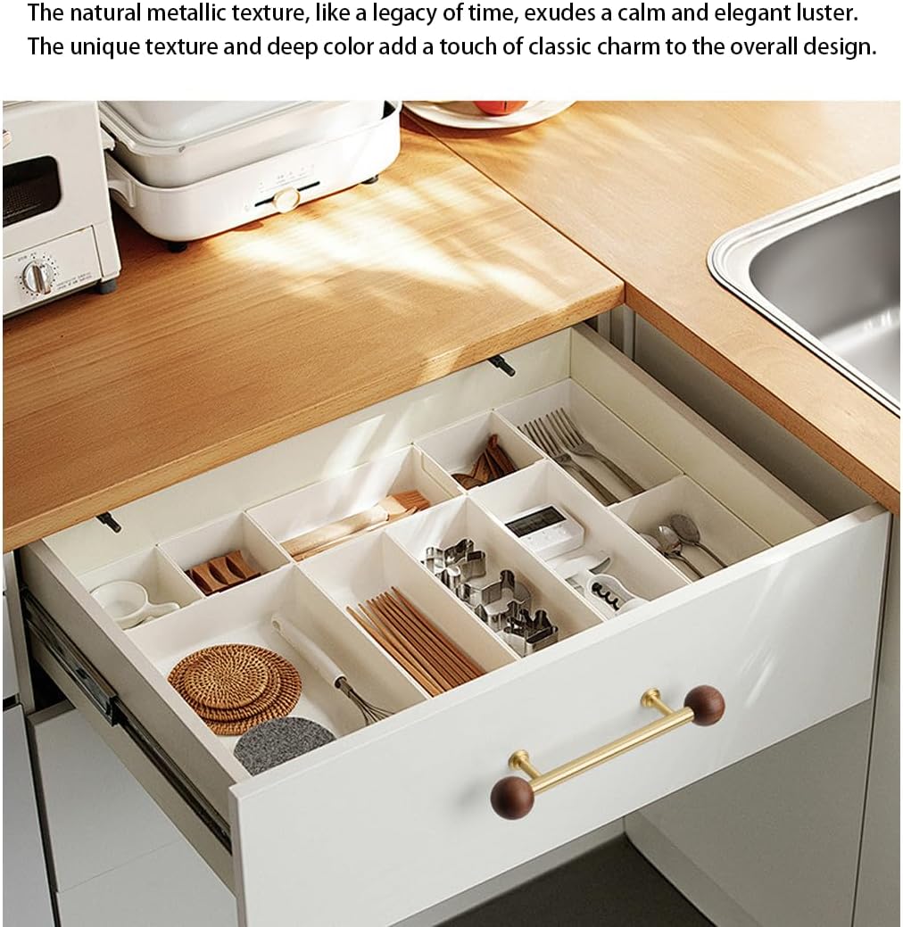 胡桃木ハンドル手拉手ハンドル柄柜门衣柜门ポンプ屉拉手中古风实心ハンドル铜本色带螺、4个装、推拉式拉手、适用キッチン橱柜门窗ポンプ屉推