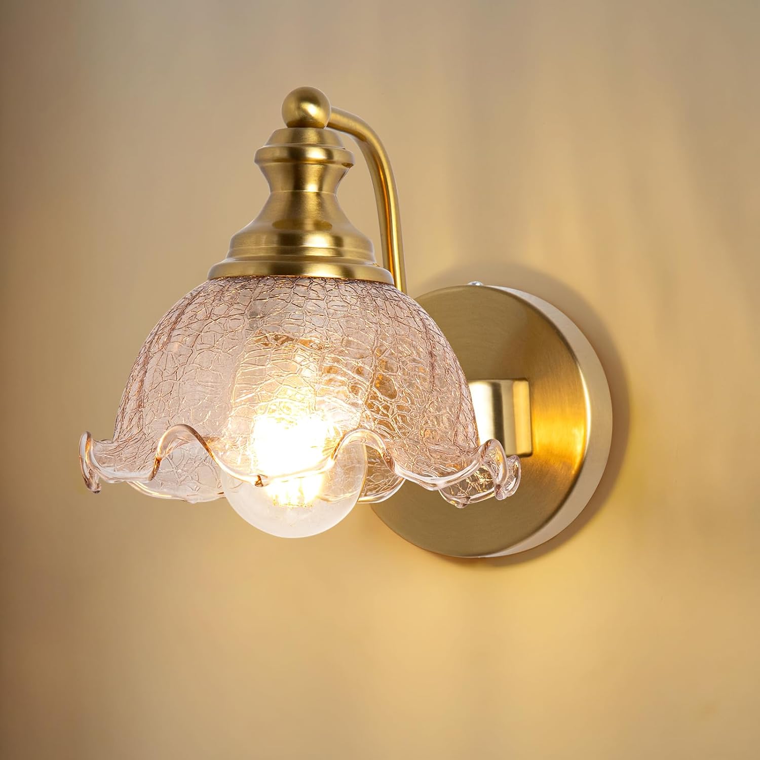 Vintage Wall Sconce, Gold Bathroom Vanity Light Fixtures with Amber, Glass Shade Brass Sconce Wall Lamps for Living Room Bedroom Bathroom Mirror Hallway Stairway