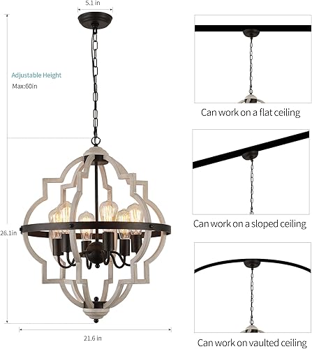 Miniatura 3 de Candelabro rústico de granja, acabado ORB+roble, 6 luces antiguas vintage, lámpara colgante para cocina, comedor, sala de estar, entrada, vestíbulo,