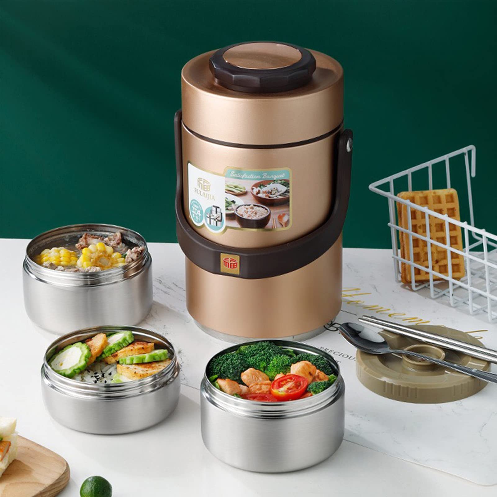 Contenitore Termico per Cibo,3 Strati Contenitore Termico per Alimenti Caldi in Acciaio Inossidabile,Impilabile Contenitore Porta Pranzo Bento Box per Ufficio Scolastico,Argento,1.5L