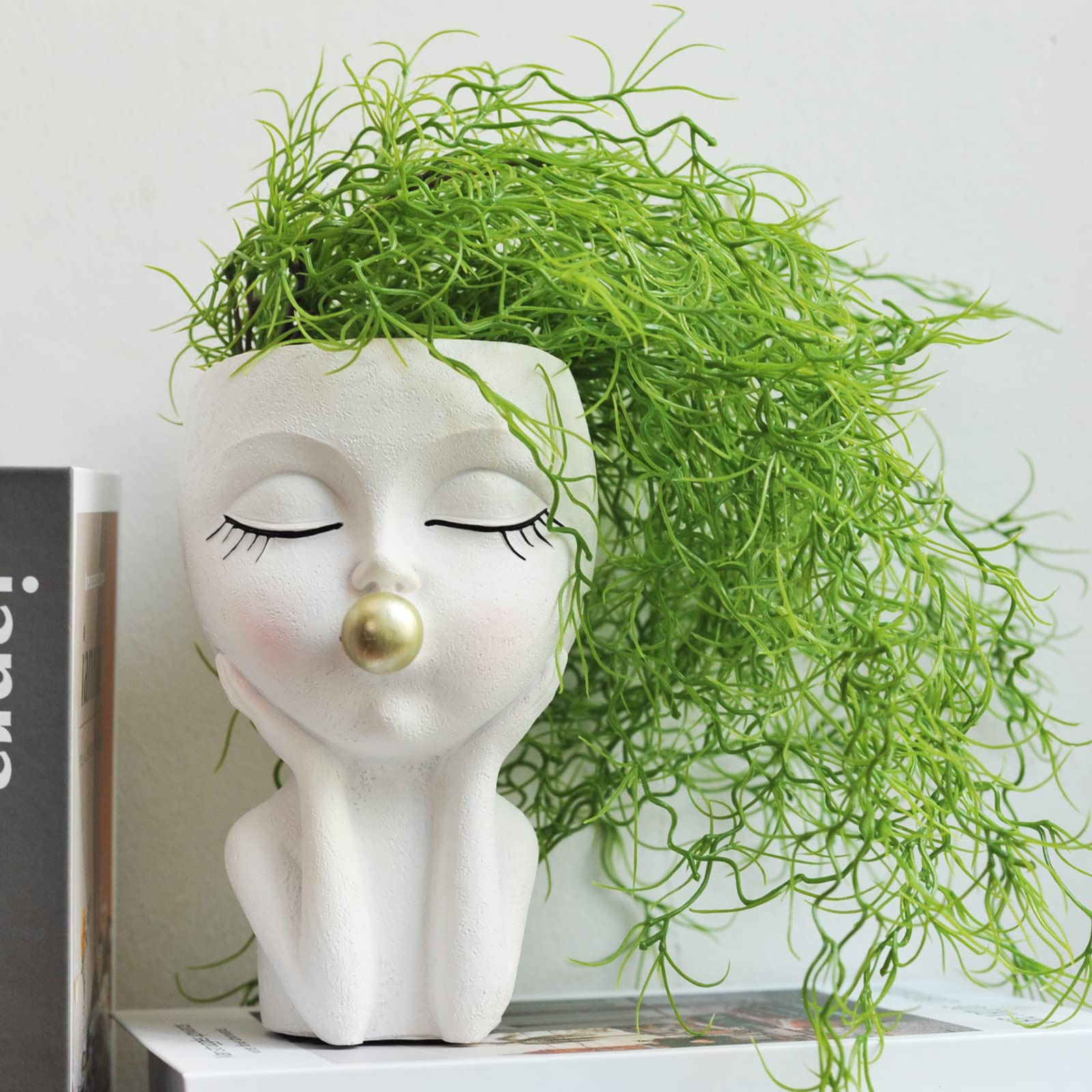 Planters for Indoor Plants Cute Lady Bubble Blowing Head Planter Resin Face Planters Flower Pot with Drainage Hole (White)