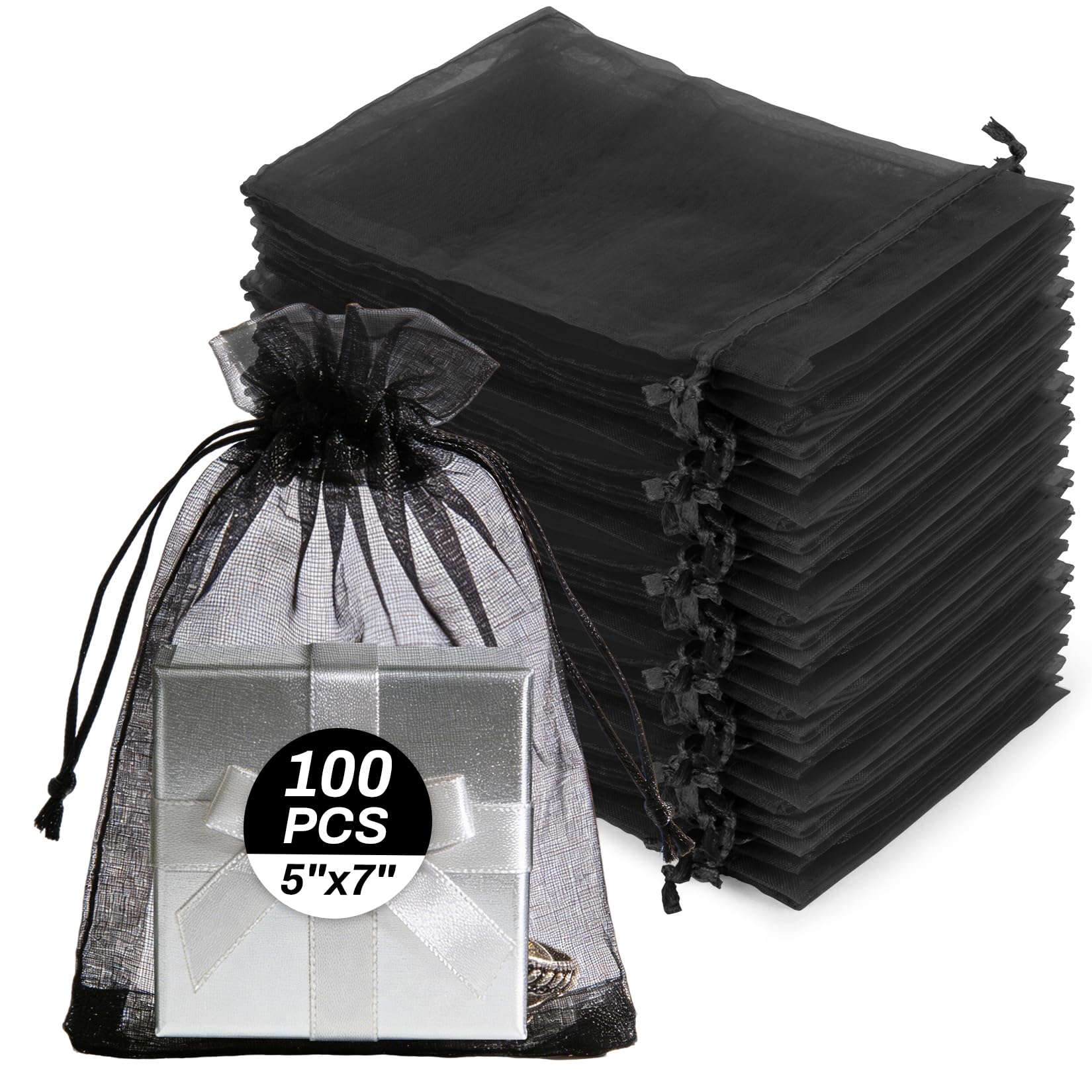 Sukh Black Organza Bags 5"x7" - 100PCS Small Mesh Drawstring Gift Bags