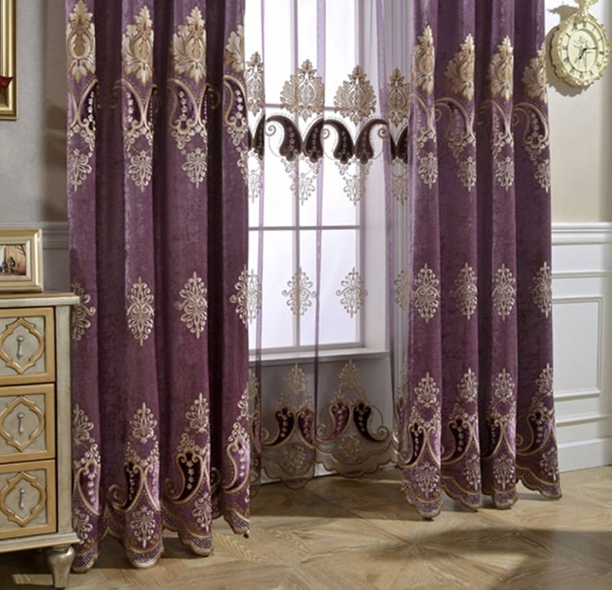 Amazon｜エレガント ヨーロッパの遮光カーテン刺繍 花柄 パープル