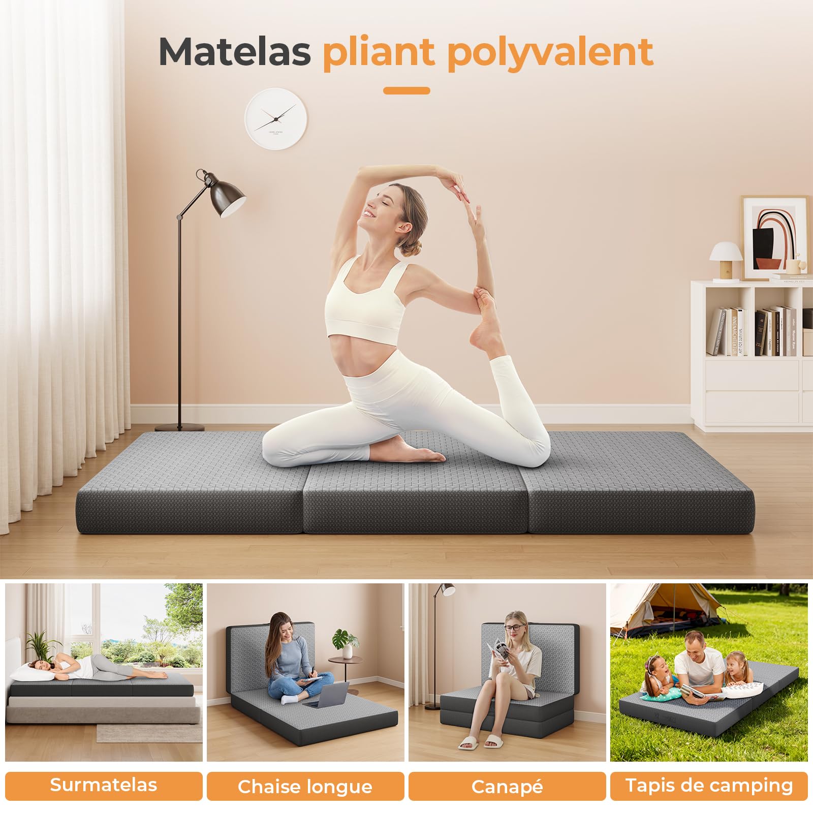 Vesgantti Matelas Pliable 140x190x15 cm avec Sac de Transport, Matelas d’Appoint Adulte en Mousse à Mémoire de Forme Gel, Lit Pliant pour Camping, Voyage, Voiture et Invités, Gris