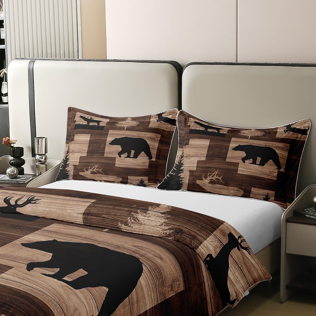 Homewish Rustic Cabin Lodge 100% Cotton Duvet Cover Double,Hunting Elk Deer Bear Comforter Cover,Country Farmhouse Old Barn Door Bedding Set,Wild Animals Woodland Adventure Bedspread Cover,Brown - Image 4