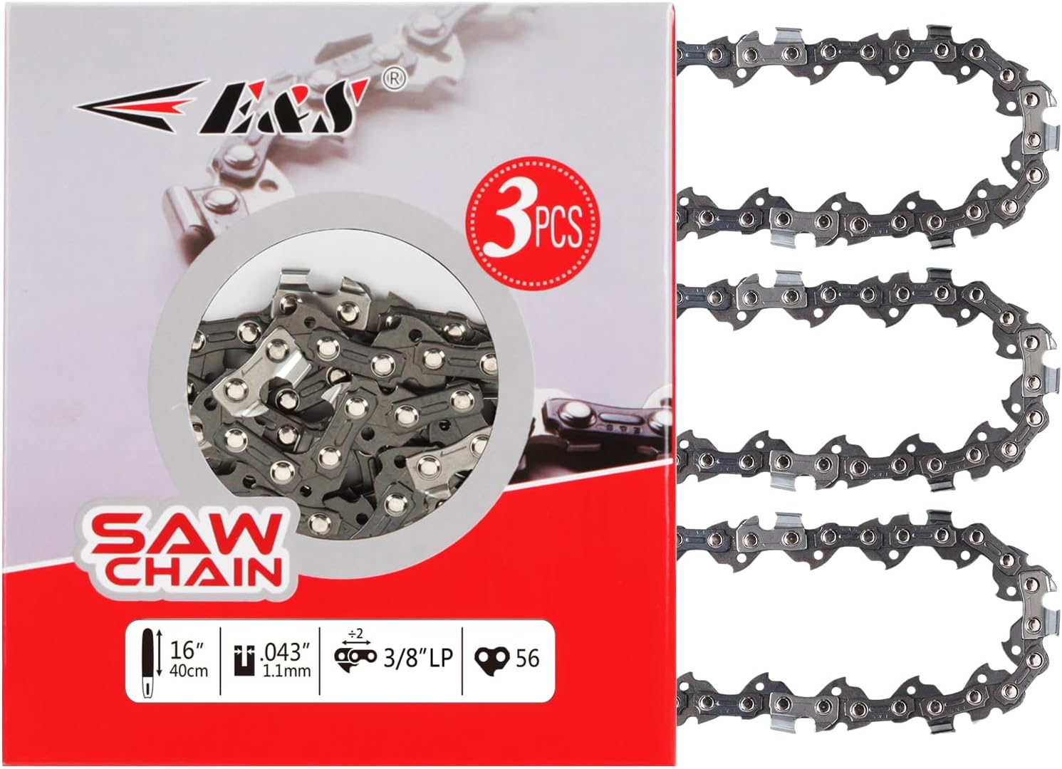 E & S 3 Pack 16 Inch Chainsaw Chain 3/8" LP Pitch .043" Gauge 56 Drive Links Semi-Chisel Chain Saw Chains for Husqvarna, Poulan, Craftsman, Greenworks and More Chainsaw Brands
