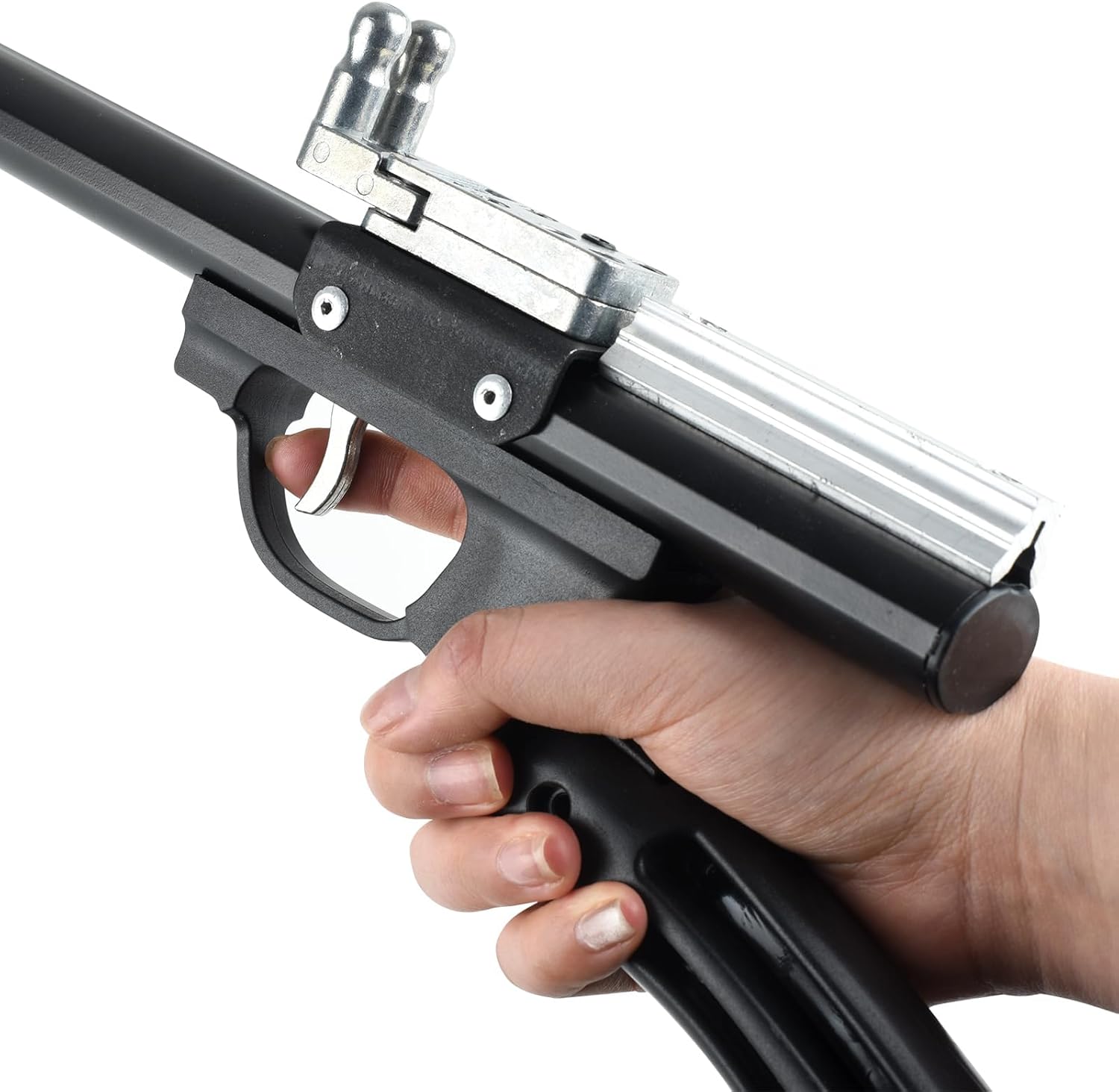 A hand holding the grip of the slingshot rifle, demonstrating proper handling.