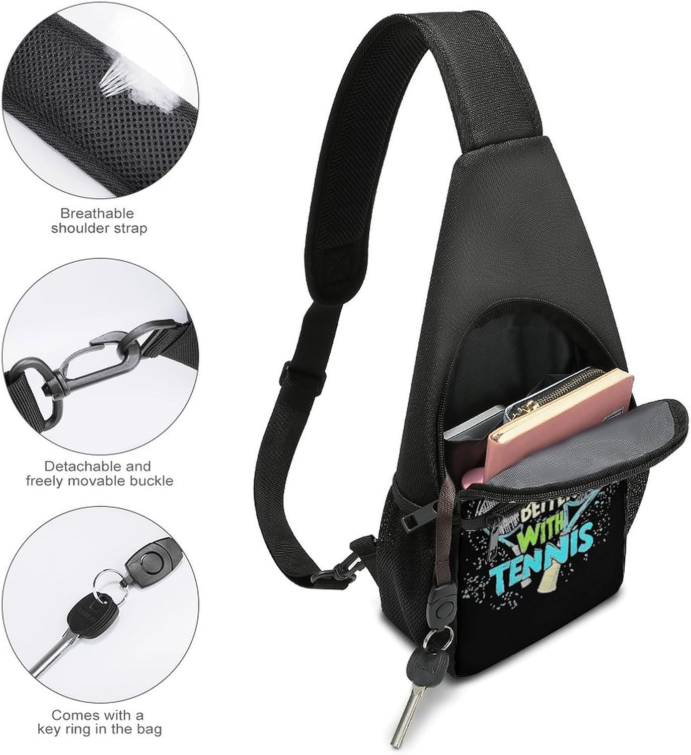 Life Is Better with Tennis Crossbody Sling Backpack Chest Bag Daypack | unisex,trendy,with convertible and detachable shoulder strap,side pockets