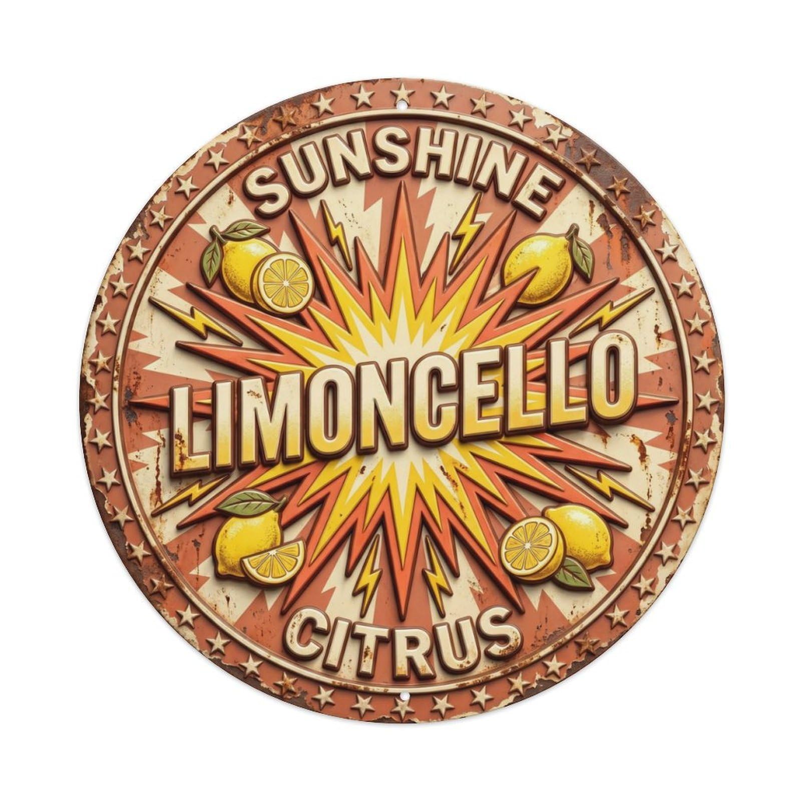 Fqcyn Style Sunshine Citrus Emblem Limoncello (2) Metal Tin Sign Plaque Wall Decor For Cafe, Club Bar, Office, Home Garden Round Metal Poster 8X8inch