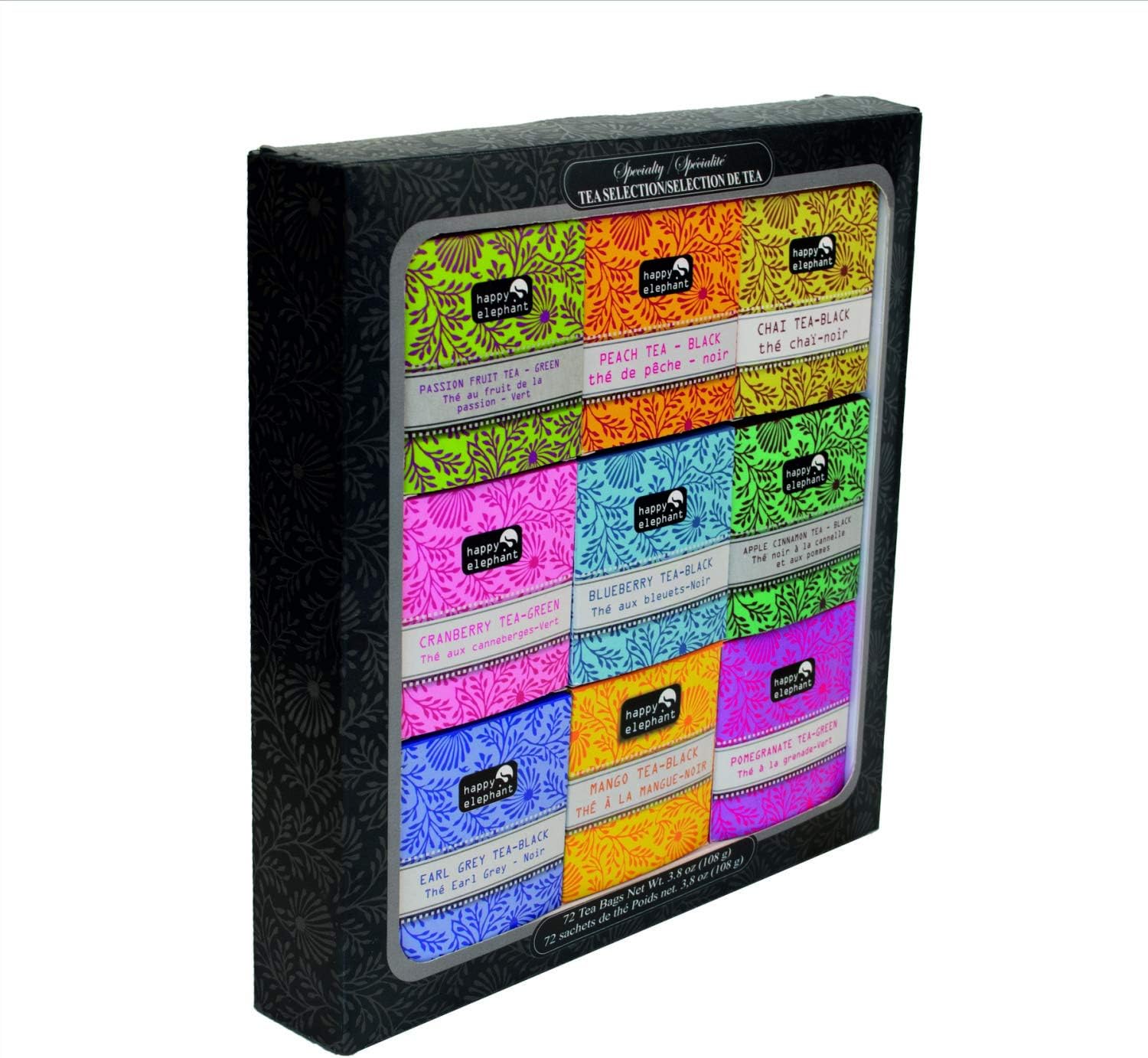 Happy Elephant Gift Box - Masala Chai Tea, Peach, Passion Fruit, Cranberry, Blueberry, Apple Cinnamon, Earl Grey, Mango, Pomegranate Tea - 72 Tea Bags