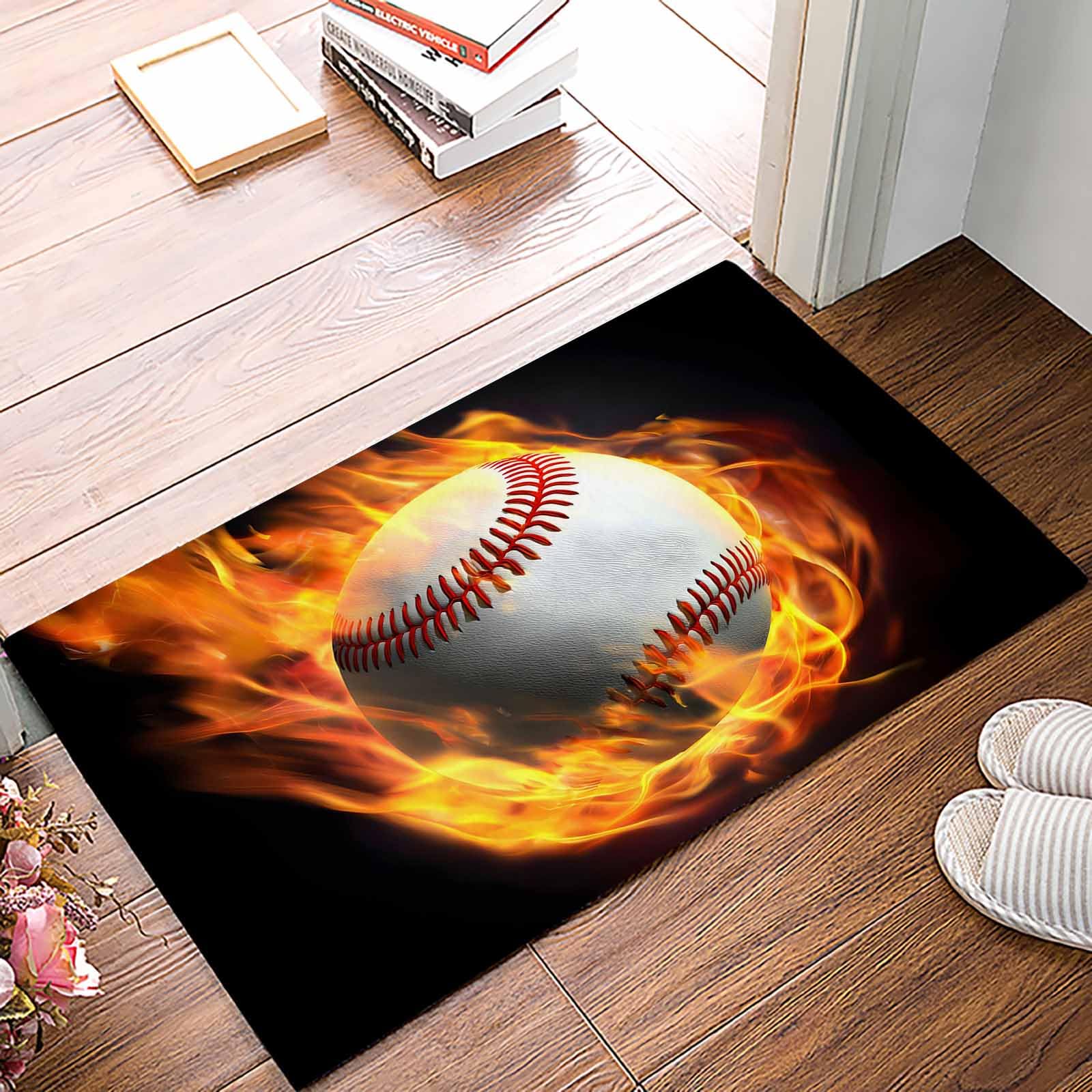 Doormat Kitchen Bathroom Rug Floor Door Mat, White Baseball with Orange Flame Non Slid Indoor Outdoor Entrance Mat, Absorbent Washable Welcome Entry