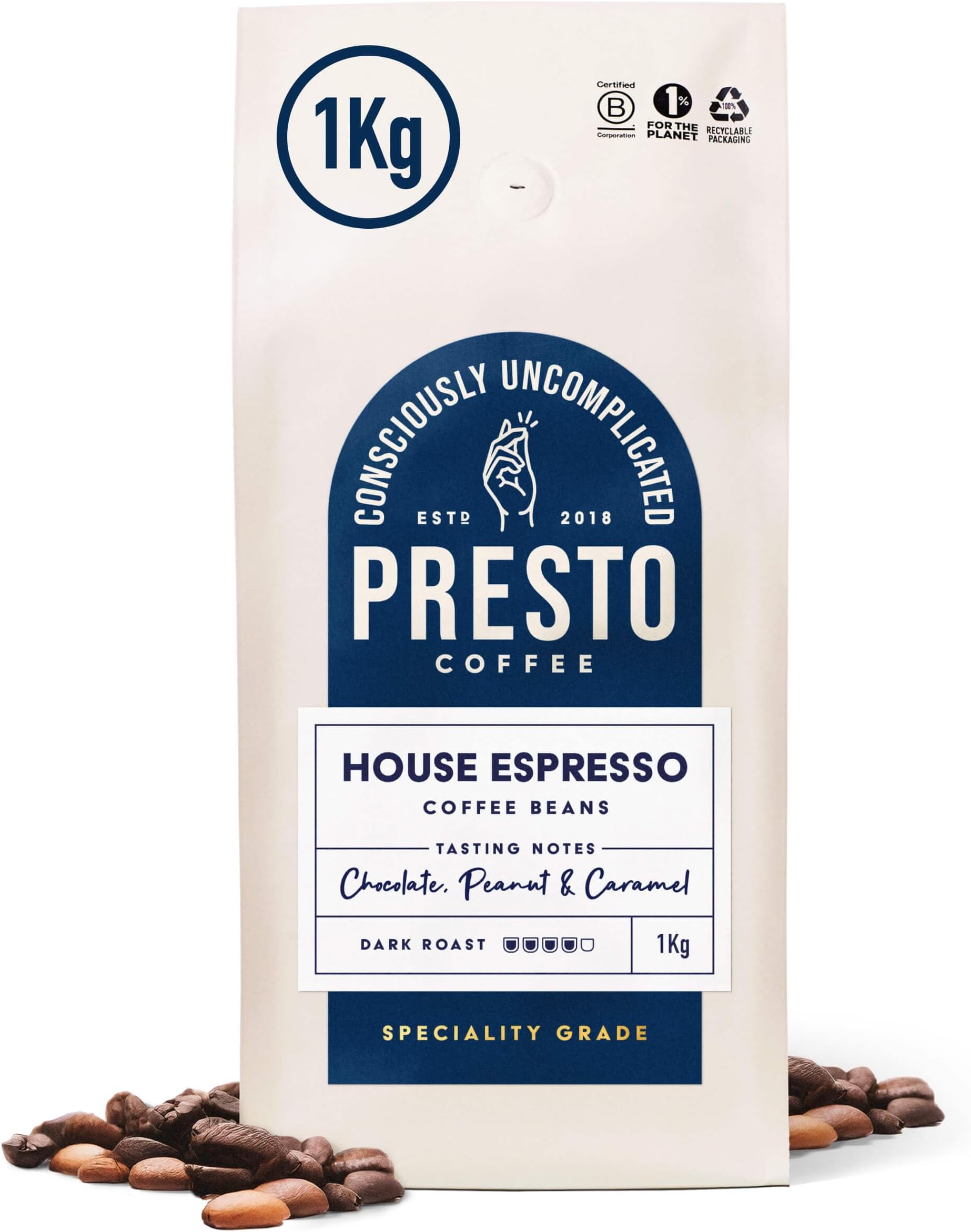 Coffee | House Espresso Coffee Beans | 1kg | Dark Roast | Chocolate Almond Notes | Rainforest Alliance Certified Arabica | Fully Recyclable Packaging.