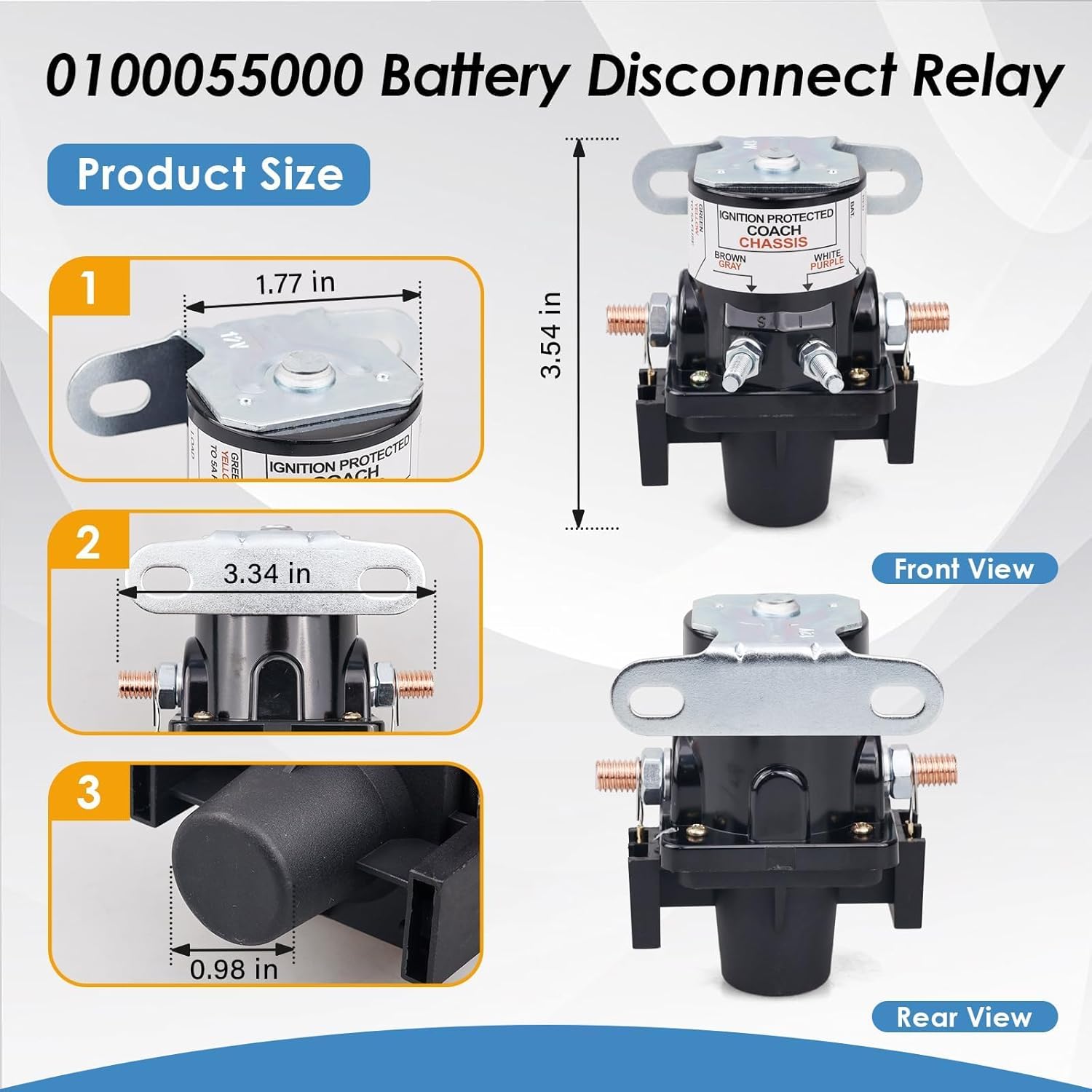 0100055000 Battery Disconnect Relay - 12V 100A Latching Solenoid Plug-in Replacement for Intellitec 01-00055-000, RV Marine Automotive Battery Cut Off Switch