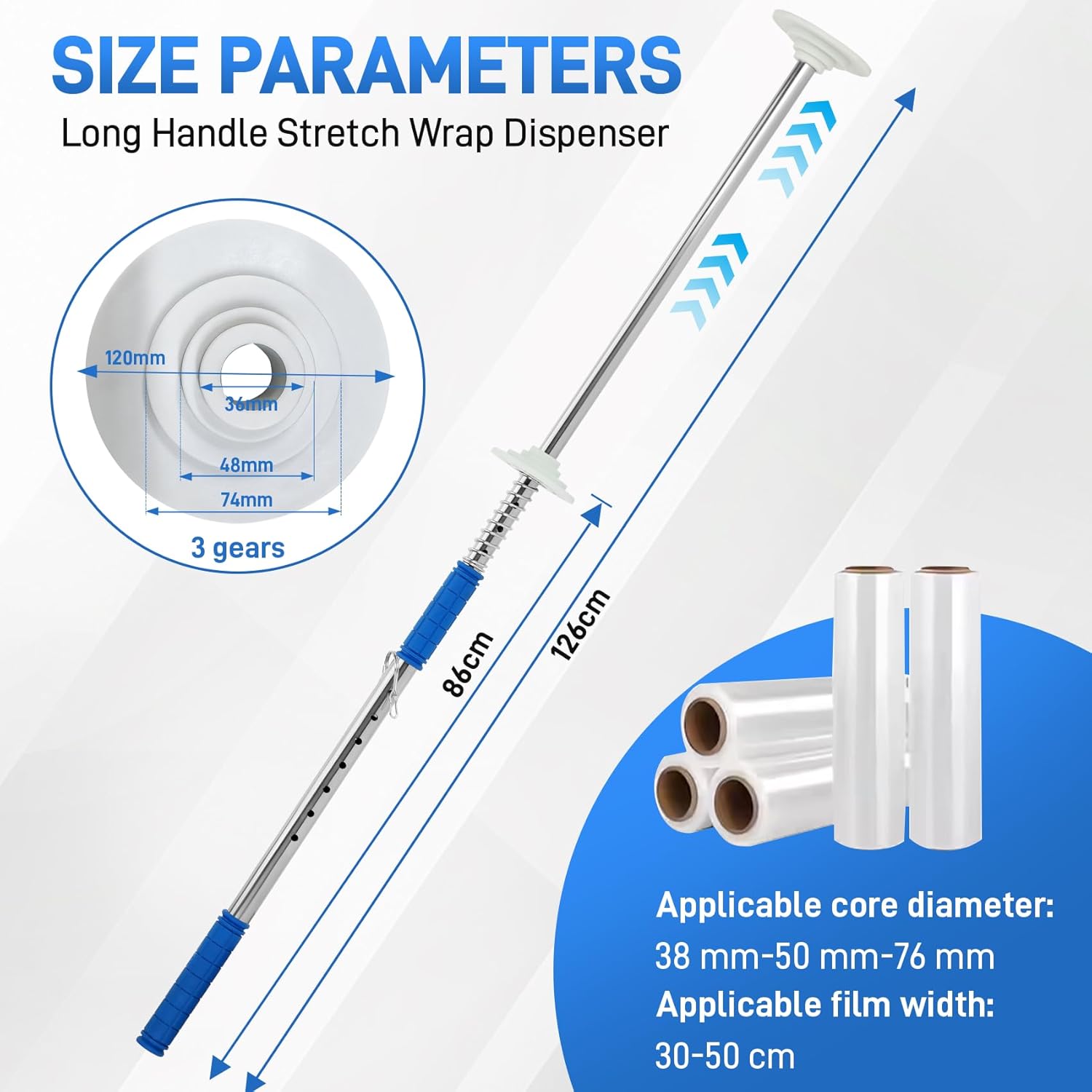 2-Pack Heavy Duty Stretch Film Dispenser Pole Holder - 48 Inch Extra Long Handle for Pallet Wrapping - Fits 12" to 24" Rolls with 2" to 3" Core - Industrial Grade Stretch Wrap Dispenser
