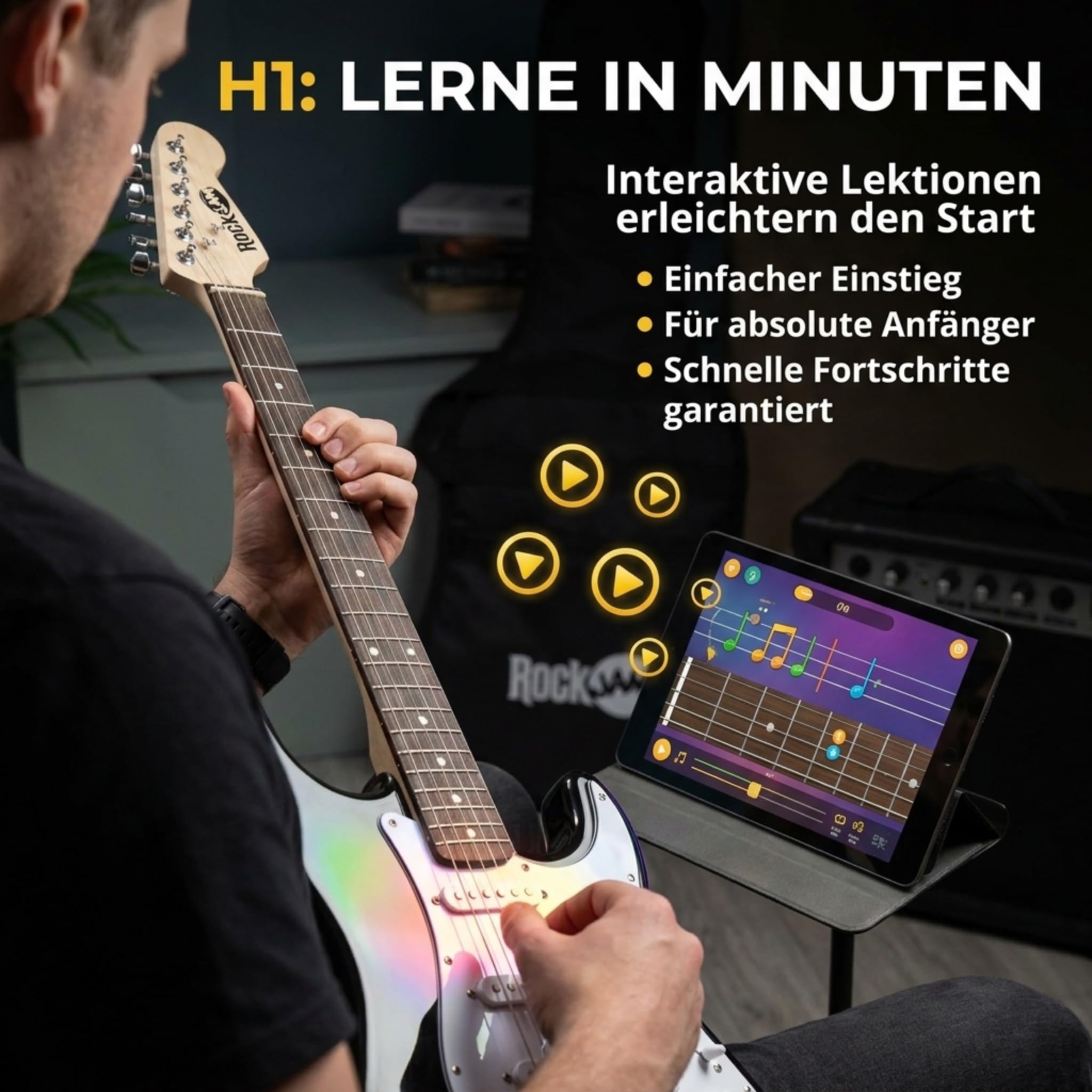 RockJam E-Gitarren-Set volle Größe für Anfänger, Schwarz, 6 Saiten mit 10-W-Verstärker, Tasche, Gurt, Kabel, Plektren und Tremolo