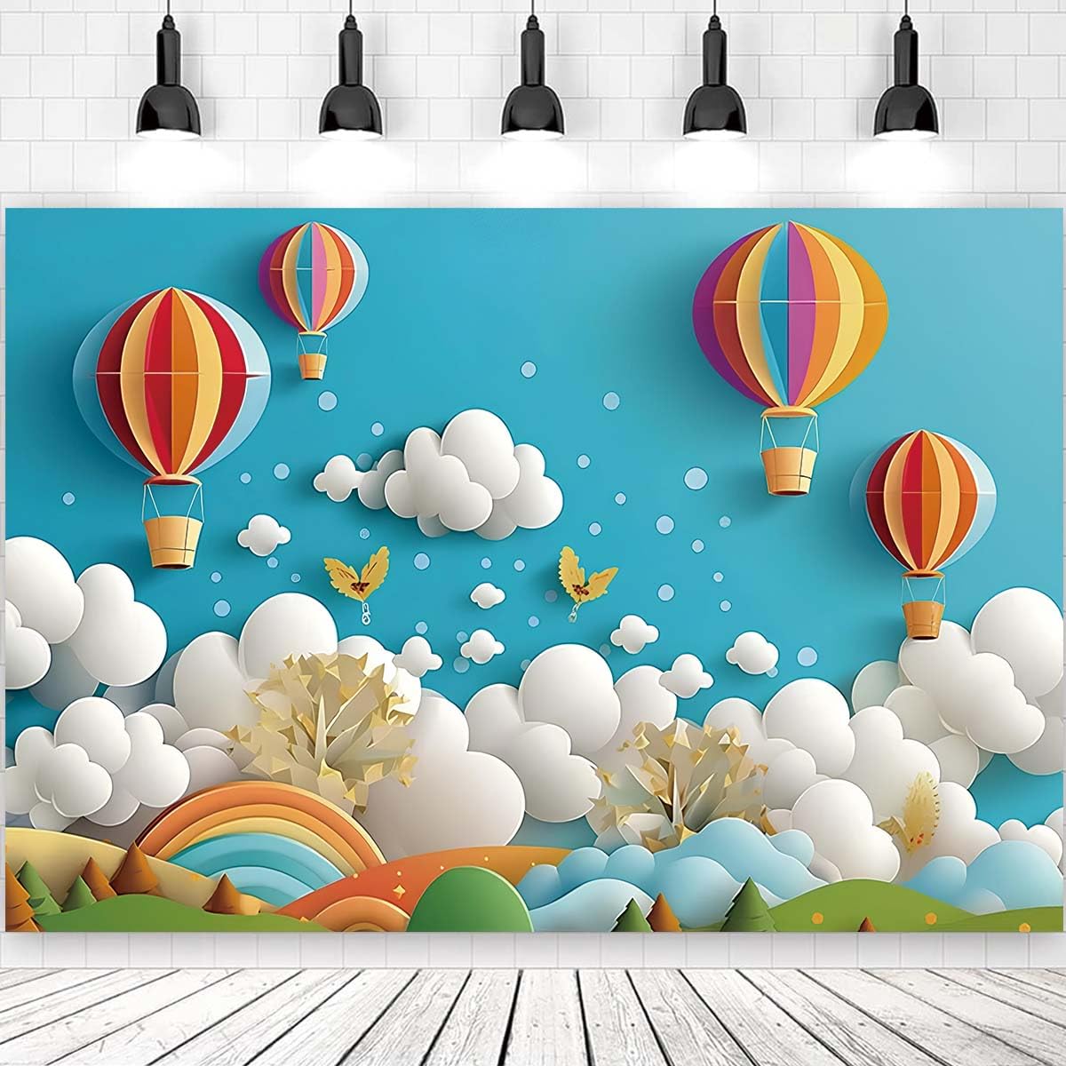 Rainbow Hot Air Balloon Flower Photography Background Happy 1st Birthday Backdrop Girl Boy 1st Birthday Party Cake Smash Banne Blue Sky White Clouds