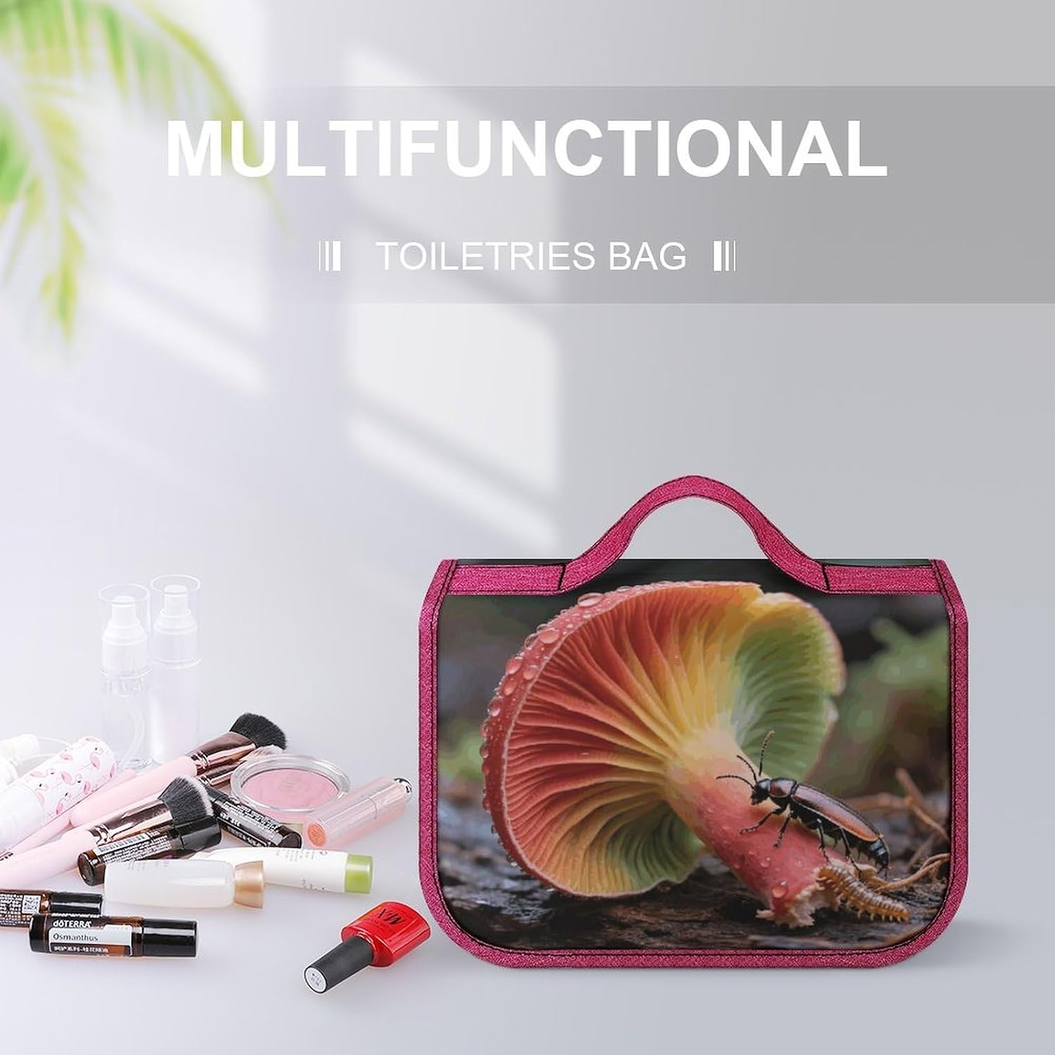 Colorful Mushrooms Toiletry Bag with Hanging Hook Large Travel Cosmetic Organizer Waterproof Portable Makeup Storage Multiple Compartments Bag for Men Women Bathroom image 5