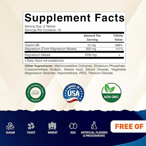 Miniatura 2 de Vitamatic Malato de magnesio 2000 mg por porción - 90 tabletas vegetarianas - B6 añadido para una máxima absorción - Apoya la salud muscular,