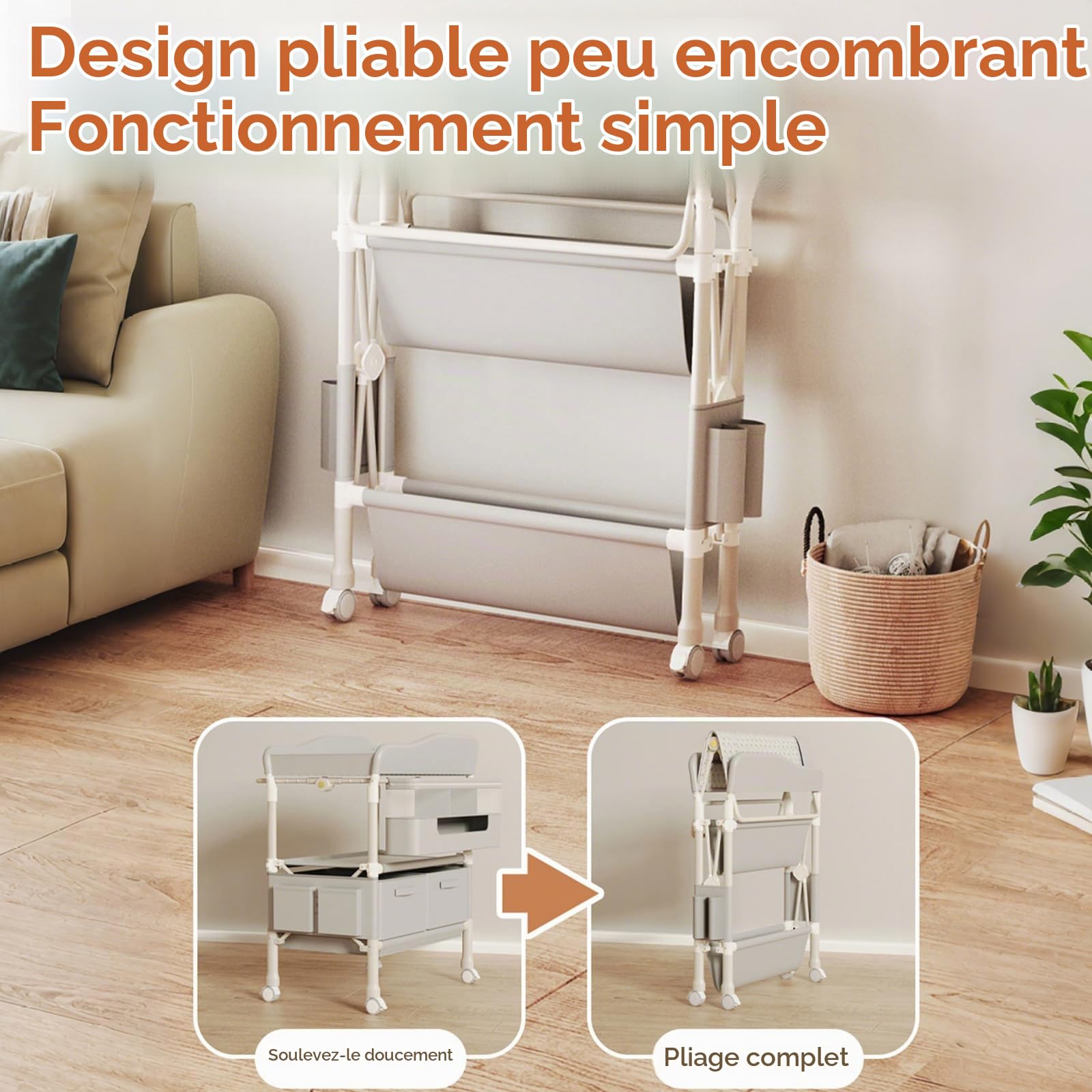 Table à Langer Pliable, Table a Langer Bebe avec Panier de Rangement,Organiseur de Couches 5 Réglable en Hauteur et 4 roues avec frein, pour Chambres d'enfant, 81x54x103cm, Charge Max 65KG