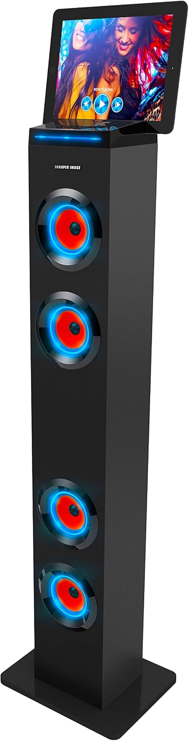 Sharper Image SBT1001BK Bluetooth Tower Speaker with Lights, FM Radio & Remote Control (Black)