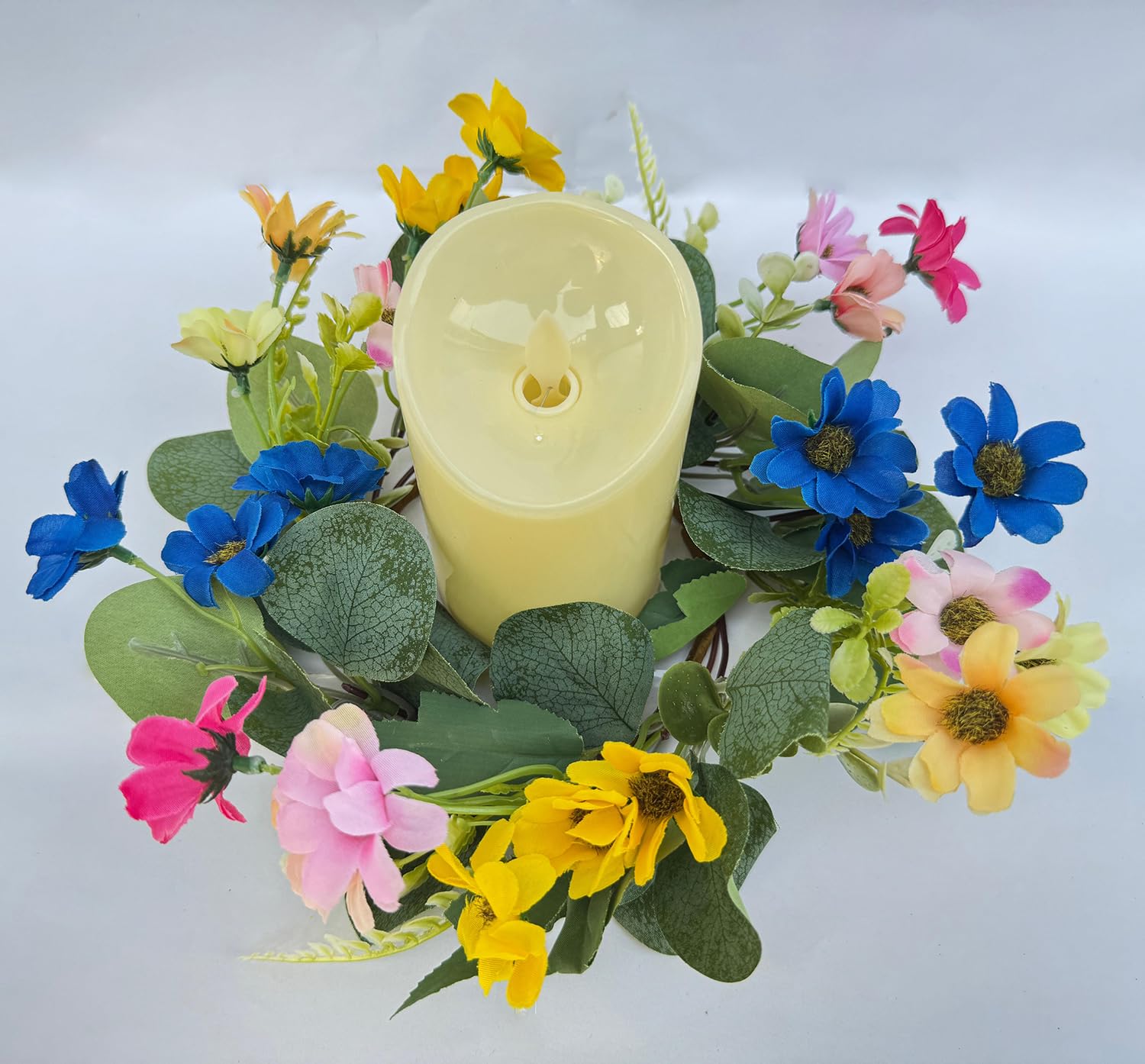 Candle Rings Wreaths 4 Inch Center, 2 Pack Yellow White Pink Purple Daisy Flower and Berry Artificial Eucalyptus Floral Decor Spring Summer Candle Small Wreaths Ring for Rustic Country Theme(C)