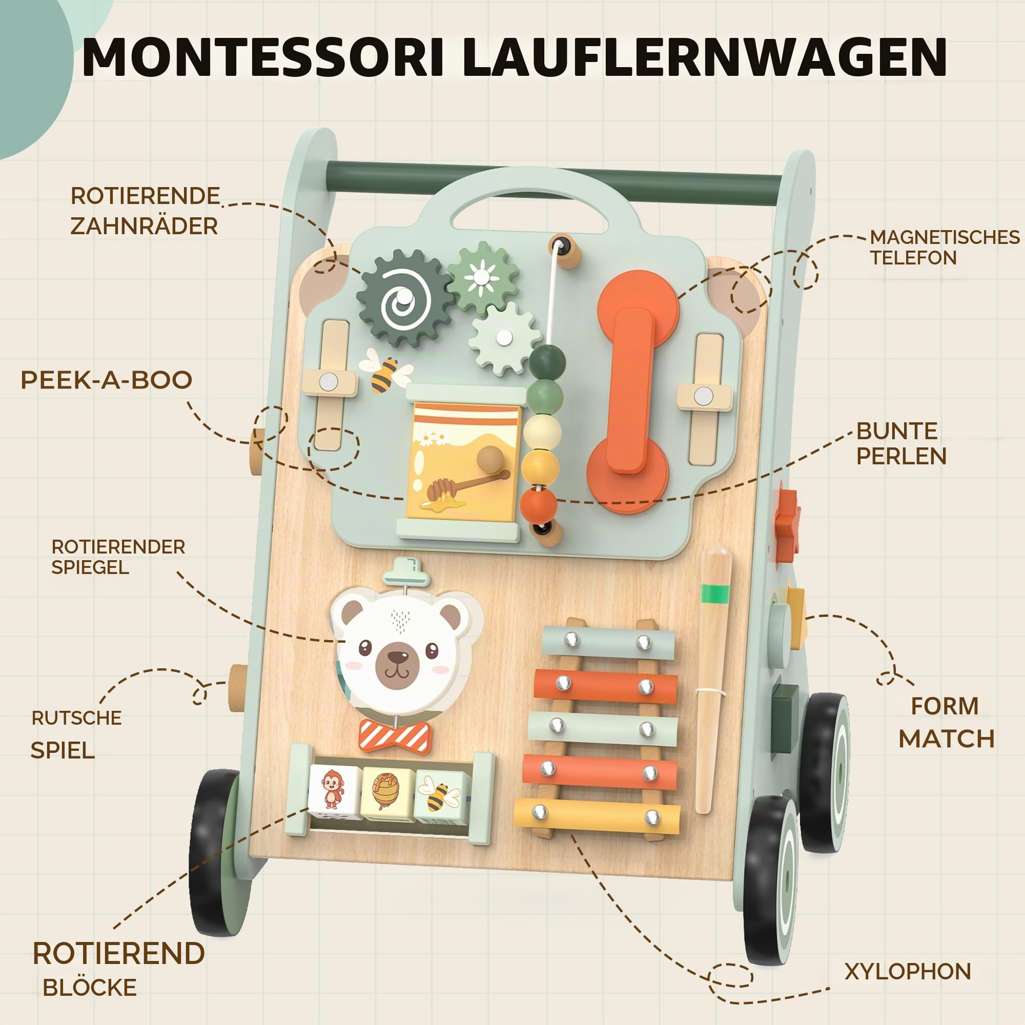 WOODMAM Baby Lauflernwagen aus Holz Lauflernhilfe ab 12+ Monaten Montessori Spielzeug Multifunktion Baby Walker Spielzeug für Kleinkind ab 1 Jahr Geschenk für Jungen und Mädchen