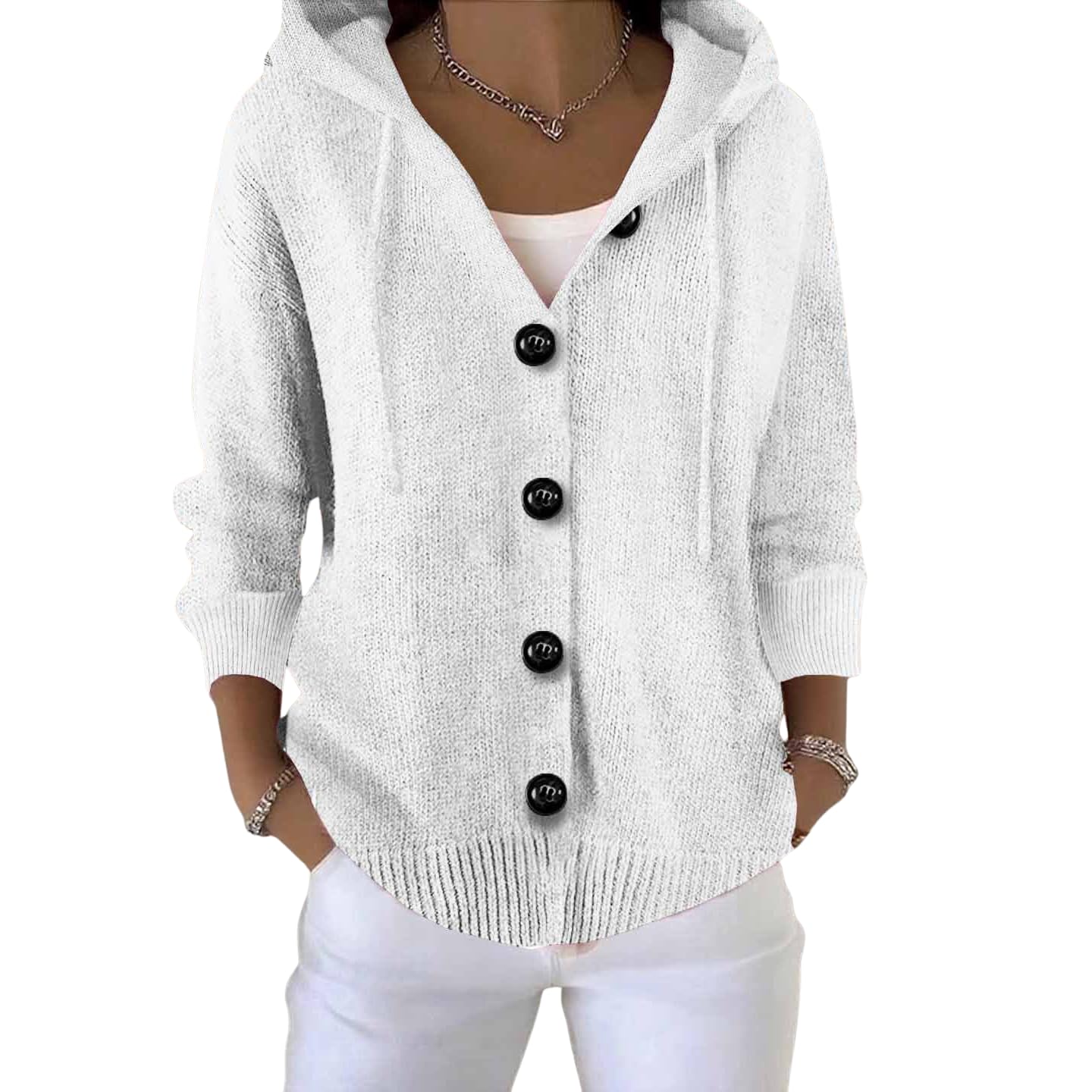Womens Hooded Cardigan Sweaters 2025 Solid Casual Button Sweater Fall Fashion Open Front Cable Knit Sweaters Winter White