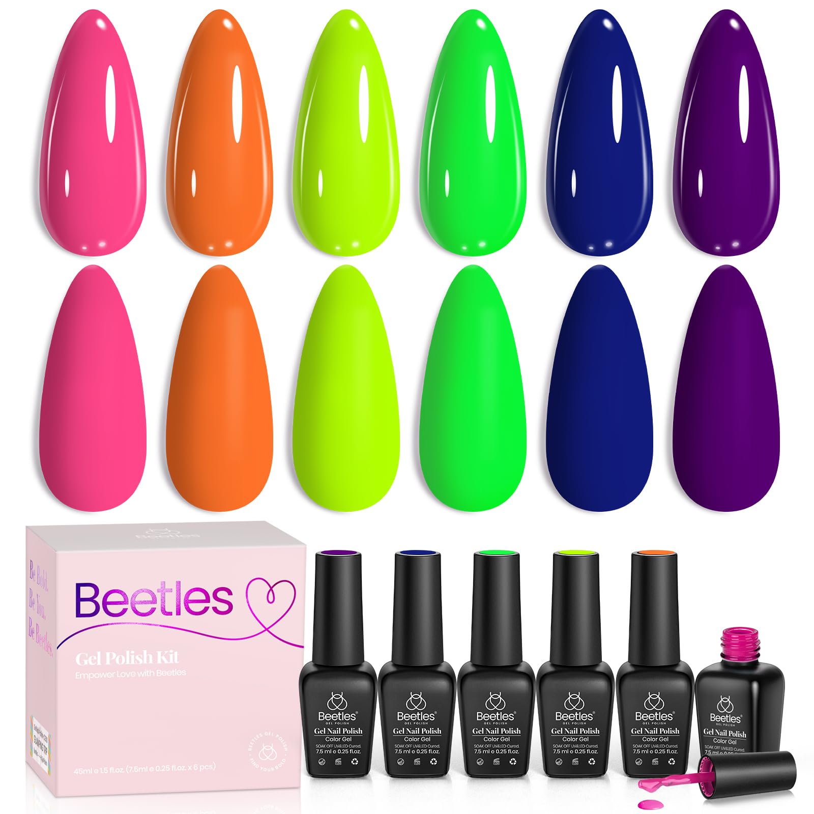 Beetles Neon Gel Nail Polish Set - Dopamine Pleasure 6 Colors Neon Gel Polish, Orange Hot Pink Blue Yellow Green Purple Soak Off Uv Led Spring Nails Art Manicure for Women