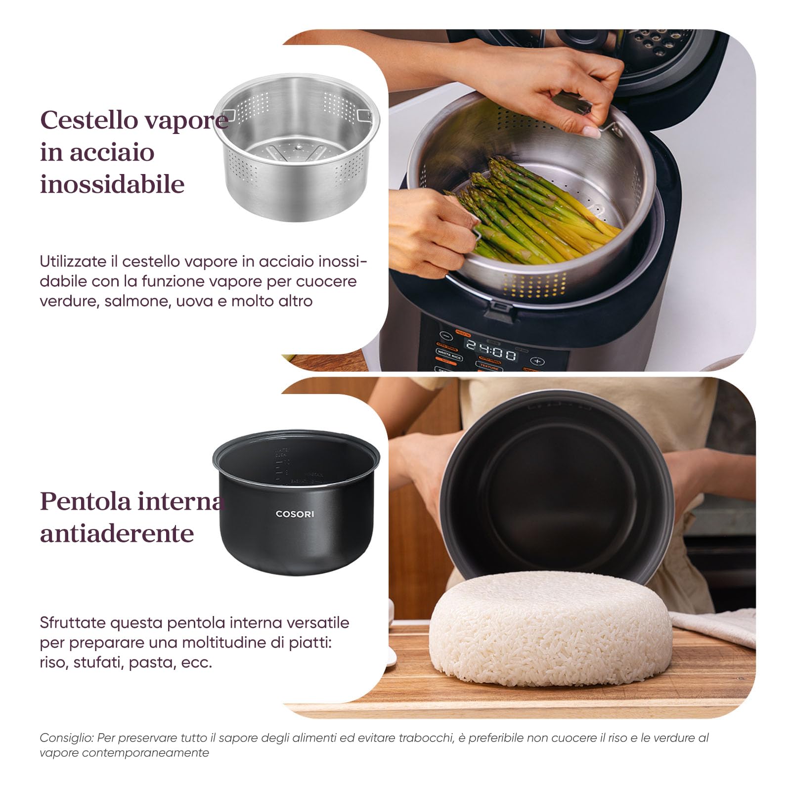 COSORI Cuociriso Elettrico 1,8L, 17 Programmi, Pentola Cuociriso, Ceramico | 1-10 Persone e Logica Fuzzy, Vaporiera con Cestello in Acciaio Inox, Timer e Mantenimento Calore, 50 Ricette incluse